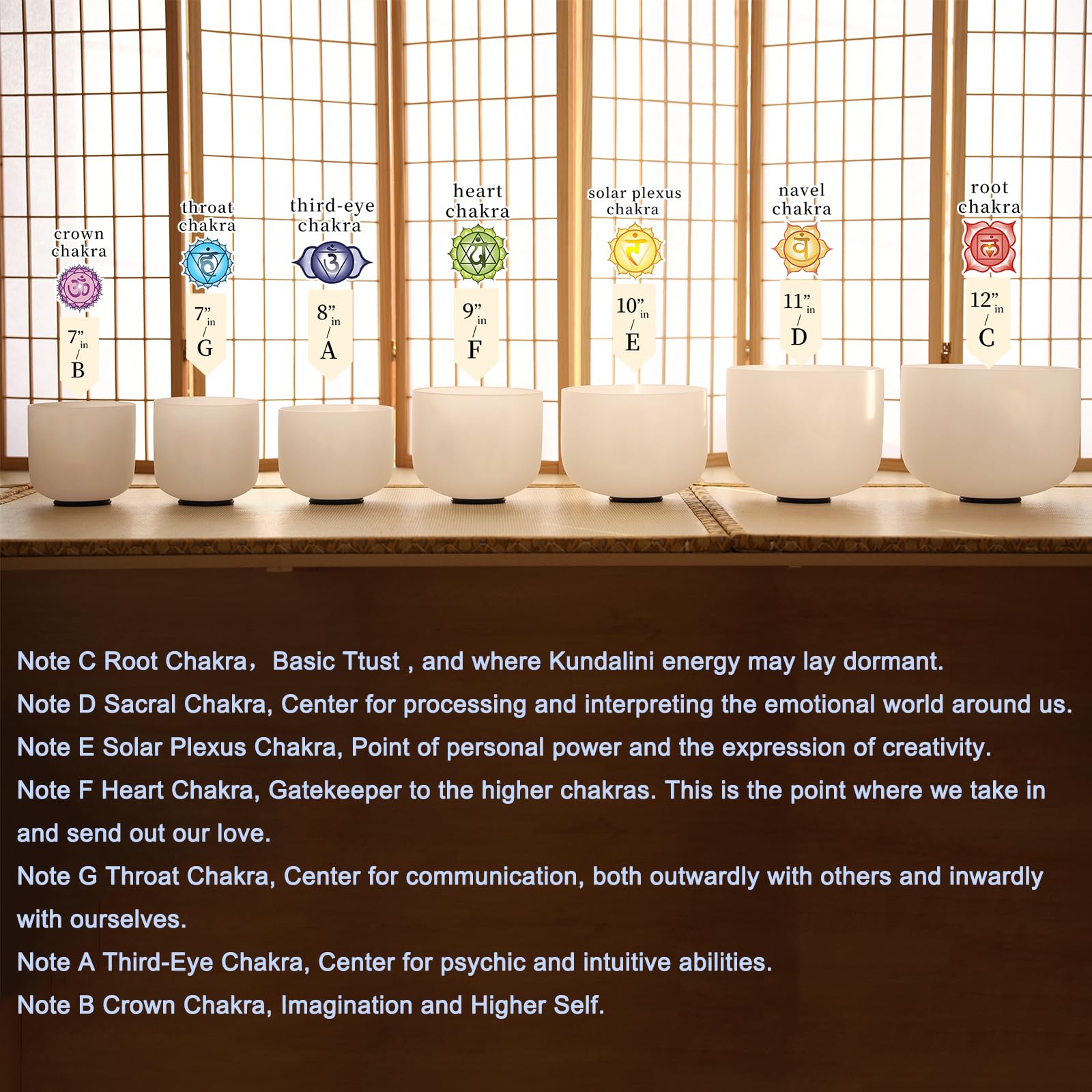 Hye-eun Set di 7 campane tibetane in cristallo da 17-30,5 cm, 432 Hz, per chakra, yoga, meditazione, con custodia resistente