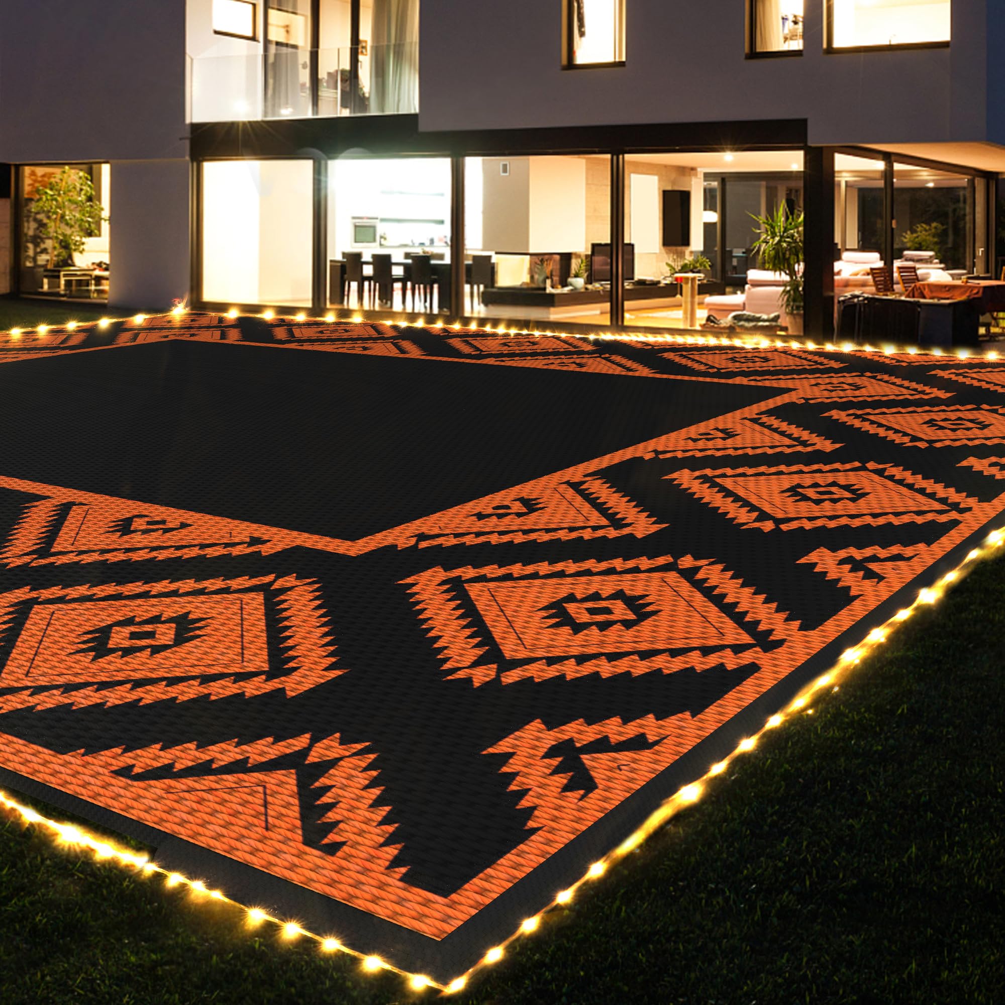 Outdoor Rug with Light 8x10ft Waterproof - Outdoor Plastic Straw Rug with Lights Area Rugs Patio Indoor Outdoor Rug Reversible Plastic Camping Rugs RV Porch Deck Camper Balcony Backyard