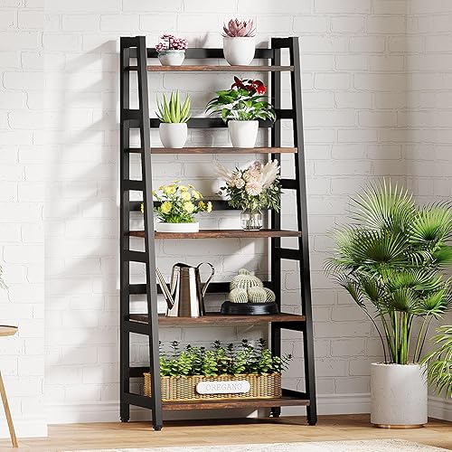 Miniatura 9 de Tribesigns Estantería industrial de 5 niveles, estante de 5 estantes, escalera, estante de almacenamiento para libros, organizador para sala de