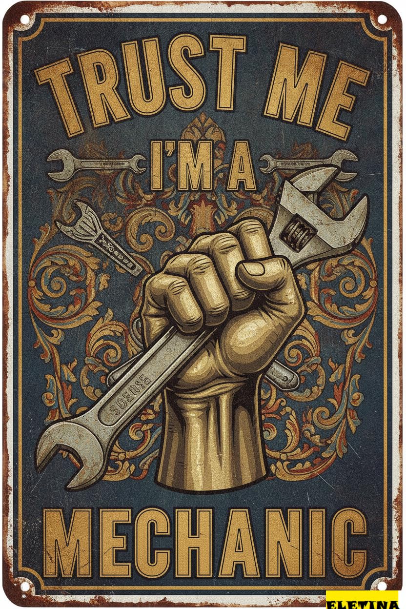 Trust Me I'm A Mechanic Vintage Metal Decor Garage Car Workshop Wall Art Mechanical Engineer Husband Dad Gift 8x12in