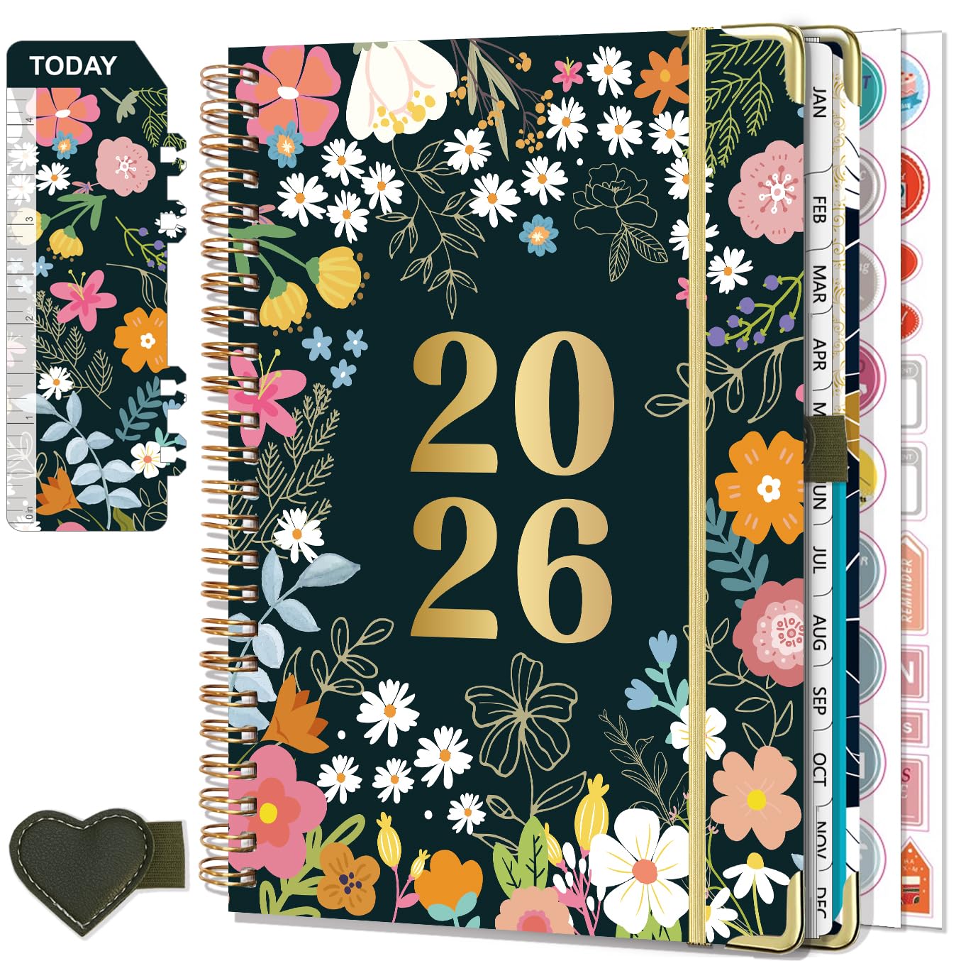 NEYSA Agenda 2026 Semainier Spirale A5 Janvier à Décembre 12 mois avec boucle de stylo, règle signet & autocollants, pochette Rosa
