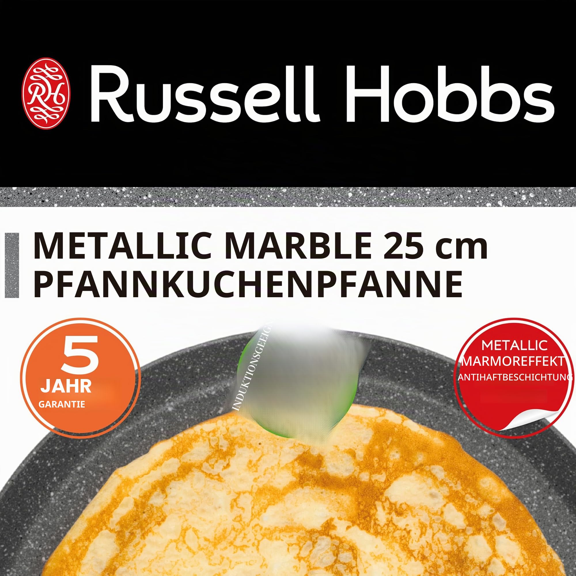 Russell Hobbs Crêpe-Pfanne, Pfannkuchenpfanne, Metallic Marble, Antihaft, Flache Omelettpfanne, Induktionsgeeignet, Weicher Griff, Geschmiedetes Aluminium Kochgeschirr, Leicht zu Reinigen, Grau, 25cm | Geschmiedeter Aluminiumkörper, flache Crêpe-Pfannenfo