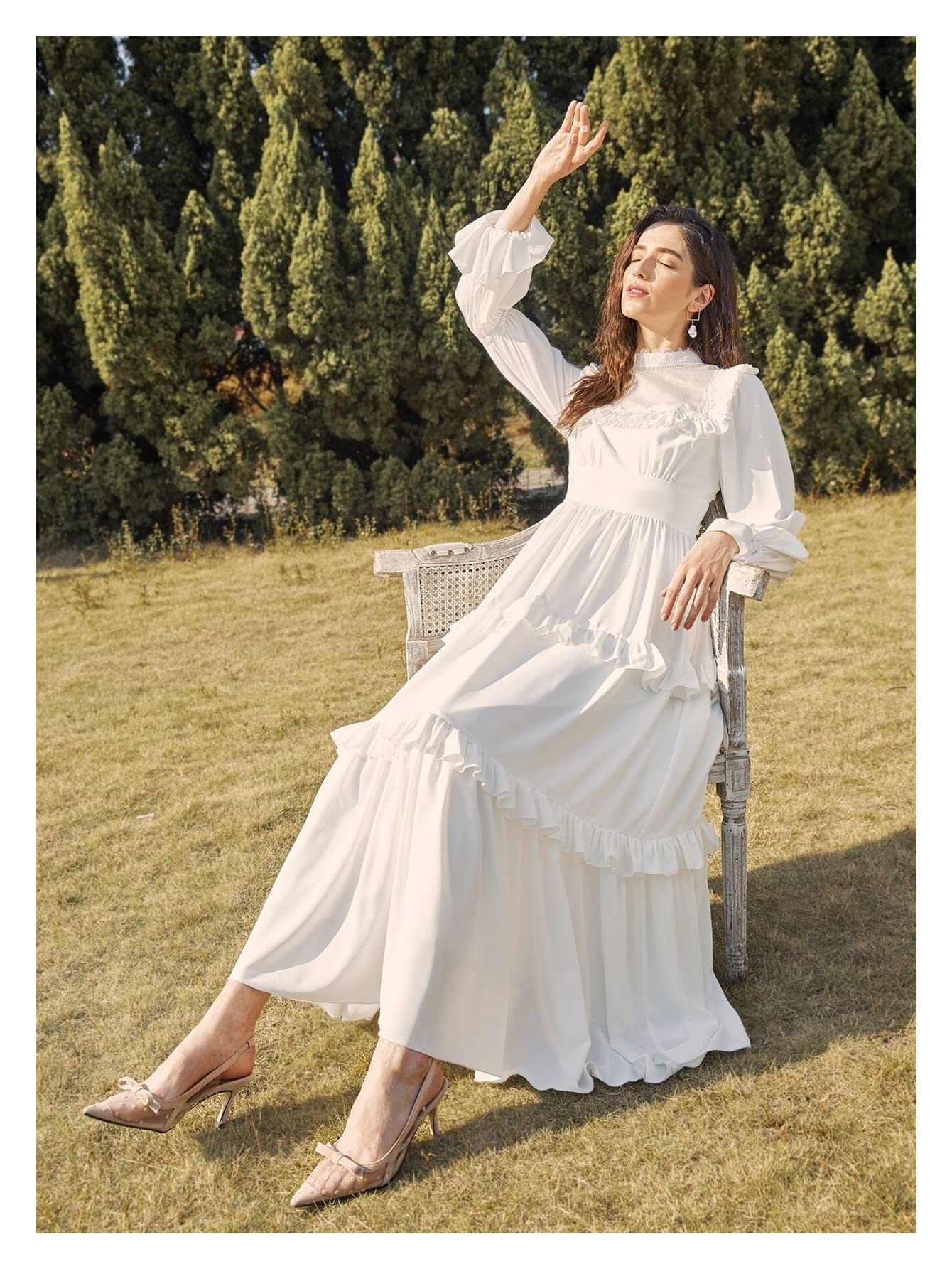 chinese dress ladies White V Neck Long Sleeve Maxi Ruffle Layered Dress – Sassymyprom