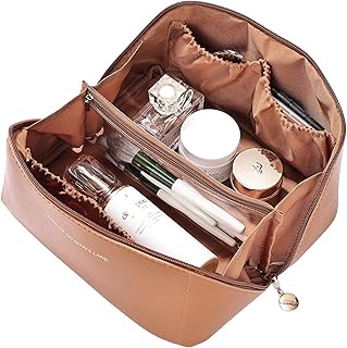 Travel Makeup Bag Large Capacity Cosmetic Bags Waterproof Toiletry Bag for Women Lay Flat PU Leather Makeup Bag with Divider and Handle Makeup Organizer Bag Cosmetic Pouch Skincare Bag Brown