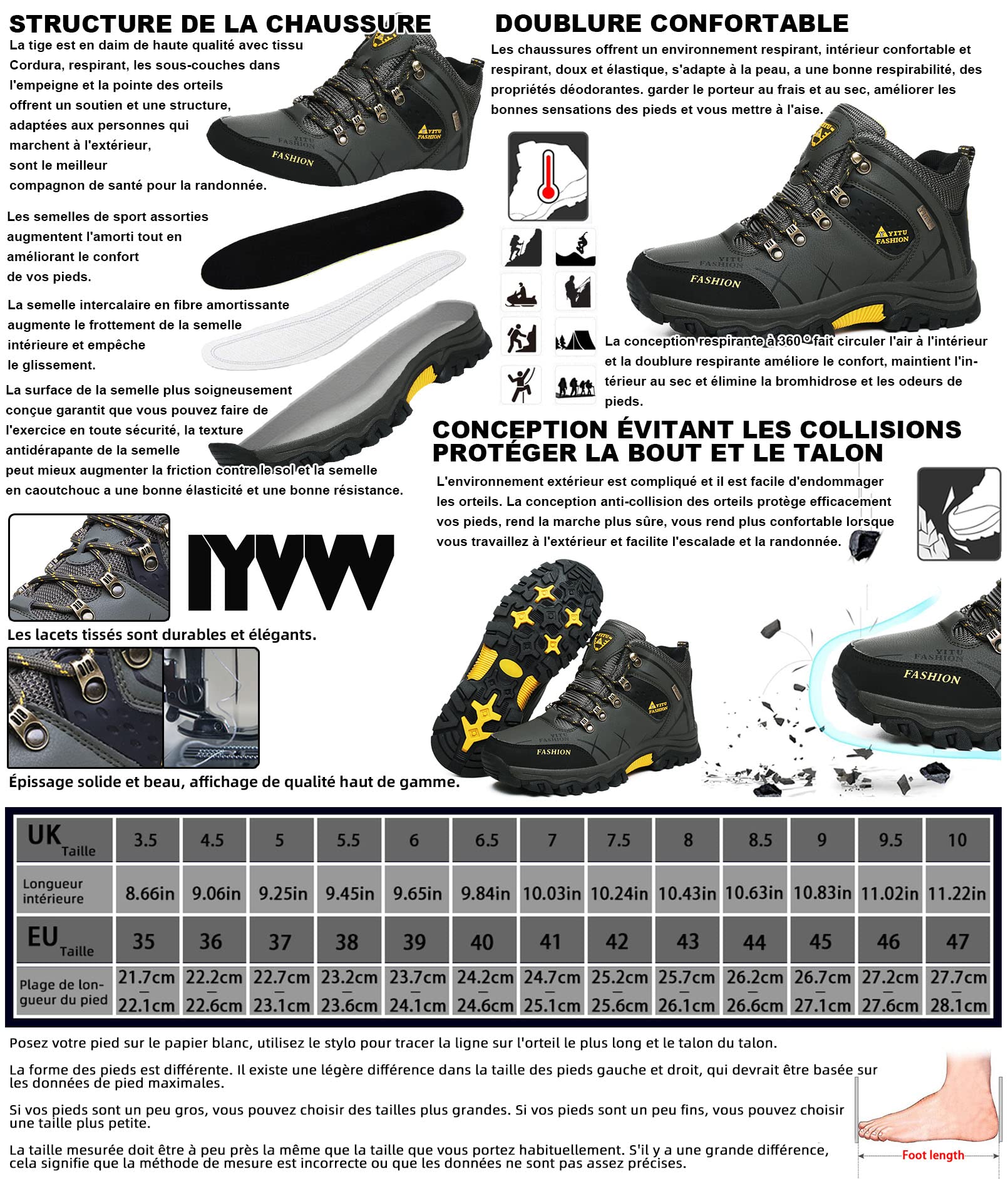 Chaussures de Randonnée pour Hommes Femmes Bottes de Randonnée Unisexe Chaussures de Marche en Plein Air Bottes Antidérapantes Trekking et Les Promenades