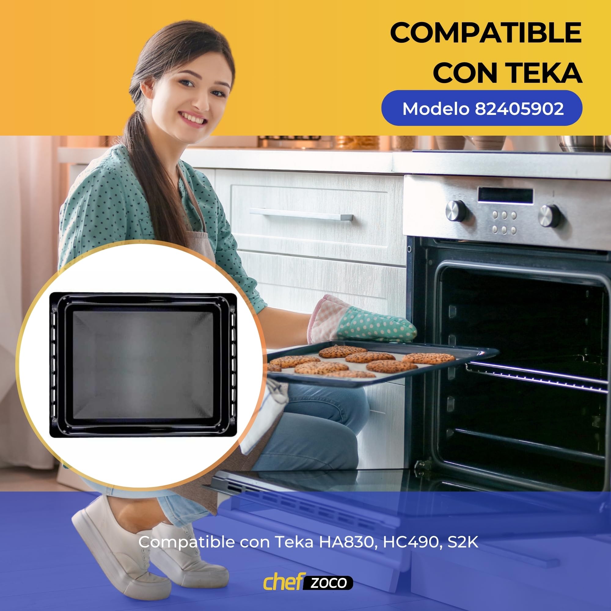 CHEFZOCO Bandeja para horno, Fuente para horno, Bandeja esmaltada Horno, Bandeja modelo 82405902, Compatible con Teka HA830, HC490, S2K, 370 mm profundo x 460 mm ancho