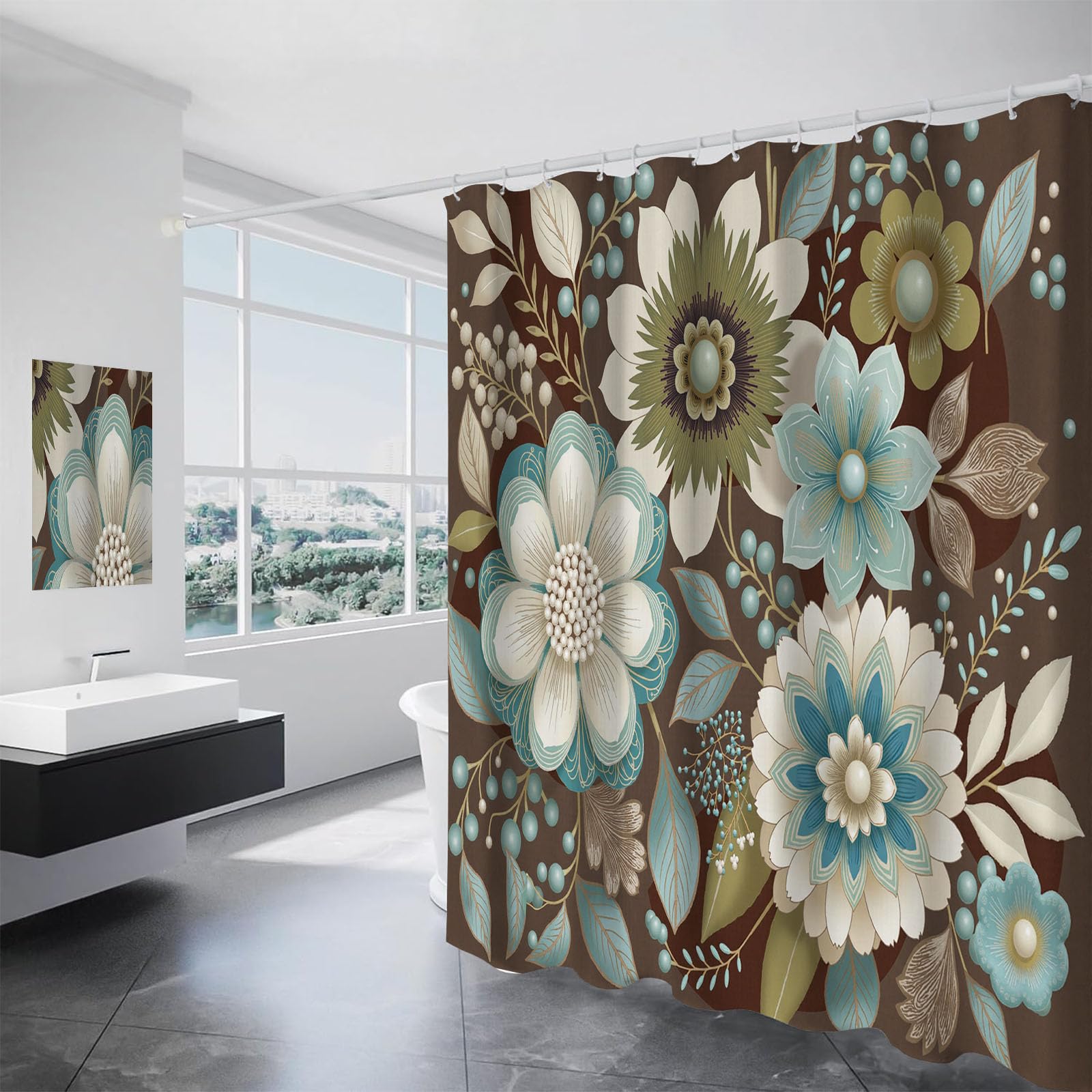 Rideau de douche fleurs vintage 180x180 cm anti-moisissure marron rouille avec crochets