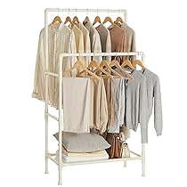 SONGMICS Stand Appendiabiti, Appendiabiti da Terra in Metallo con 2 Barre, Ripiano Portaoggetti, Max Portata 55 kg, Montaggio Facile, Bianco RDR01WT