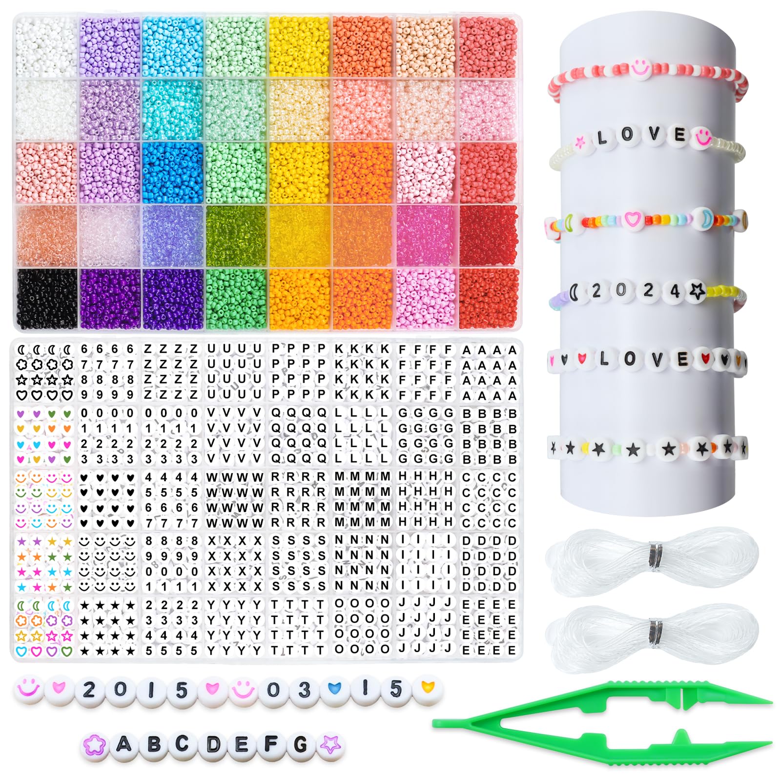 12000pcs 3mm Glass Seed Beads for Bracelet Making Kit, 960pc 7mm Acrylic Alphabet Letter Number Beads and Strings for Handcrafts Friends Family DIY Jewelry Gift