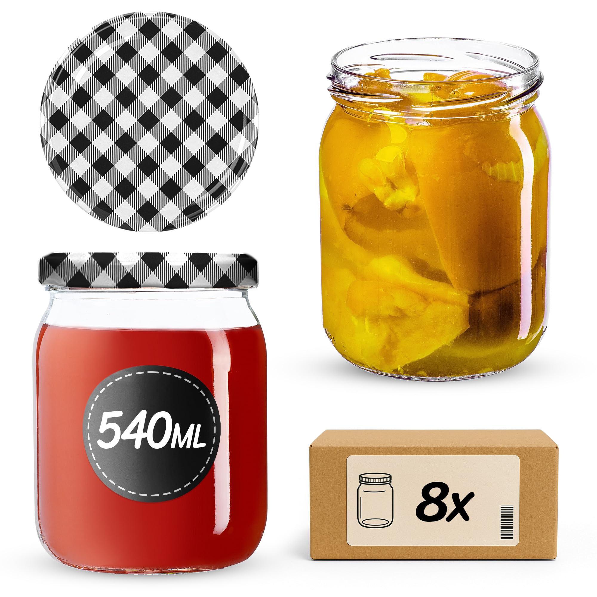 KADAX 8er Set Einmachgläser 540ml TO82 Schwarz kariert, Sturzgläser Mason Jar mit Schraubdeckel, Luftdichte Twist-off Gläser, Meal Prep, Overnight Oats, Sauerteig