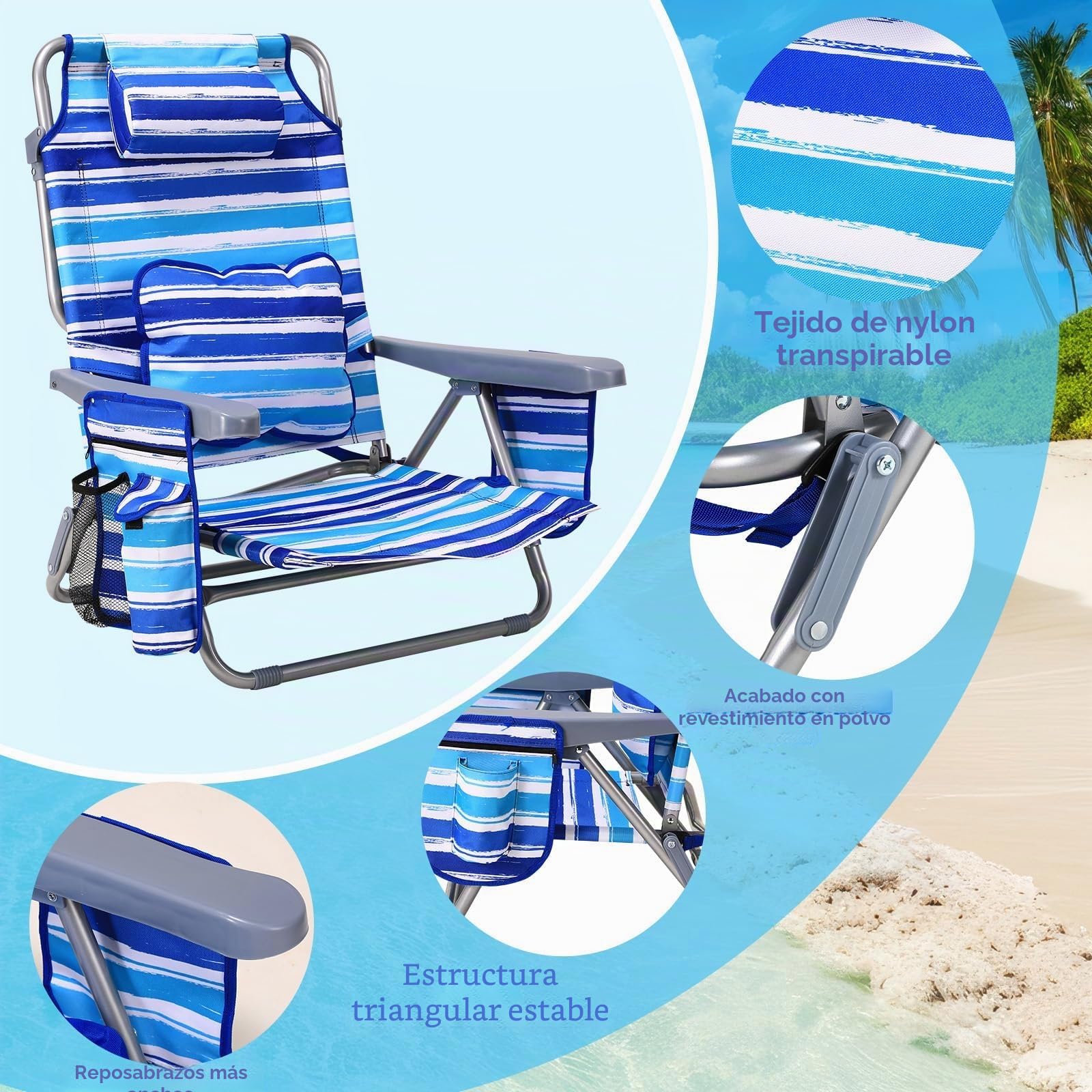 LIFERUN Silla De Playa,Set 2,Plegable,Reclinable,Diseño de Mochila,Azul | Respaldo 4 Posiciones,Carga 140kg,Oxford,Hierro,Bolsillo Térmico,Cojín Lumbar,Reposacabezas,Playa,Jardín,Camping,Festival