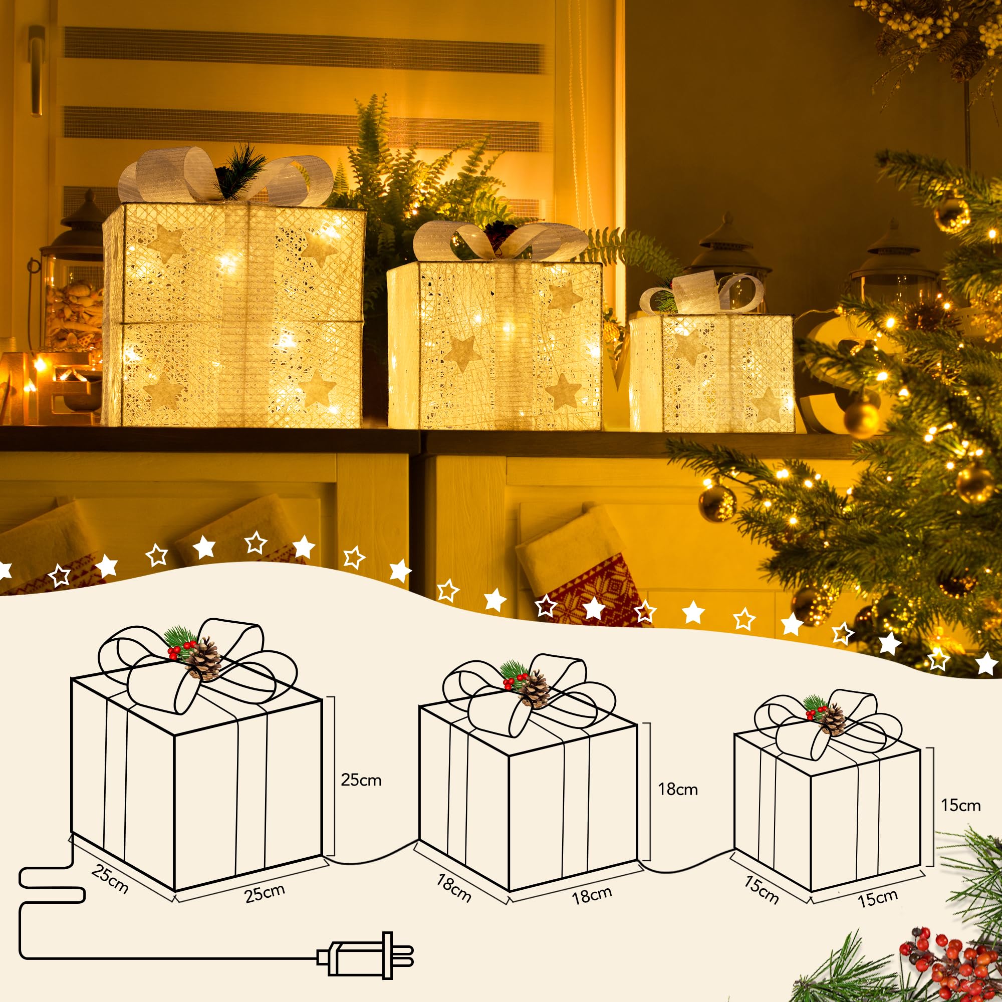 GIGALUMI Pudełko prezentowe LED, zestaw 3 sztuk, 8 trybów pracy, 60 diod LED, świecące pudełko bożonarodzeniowe, łańcuch świetlny z wtyczką do wnętrz, kolor biały, dekoracja bożonarodzeniowa, ciepła