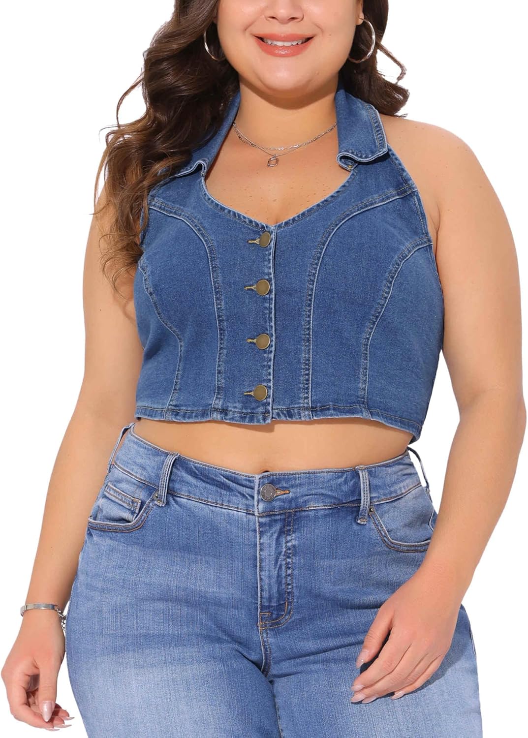 Agnes Orinda Plus Size Denim Vest for Women V Neck Button Down Sleeveless Casual Jean Jacket - Image 2