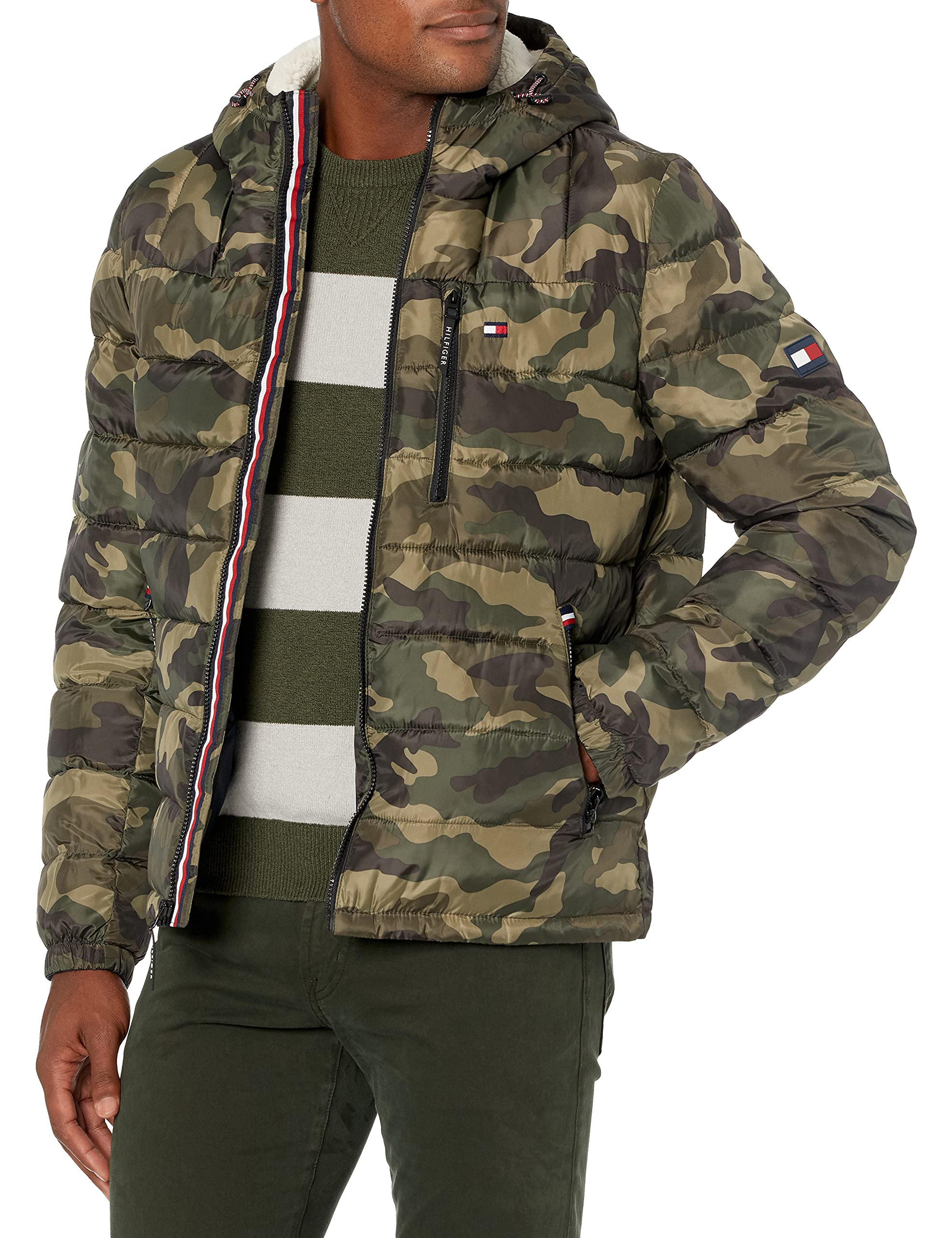 Tommy Hilfiger Men's Midweight Sherpa Lined Hooded Water Resistant Puffer Jacket, Camouflage Tech, XL