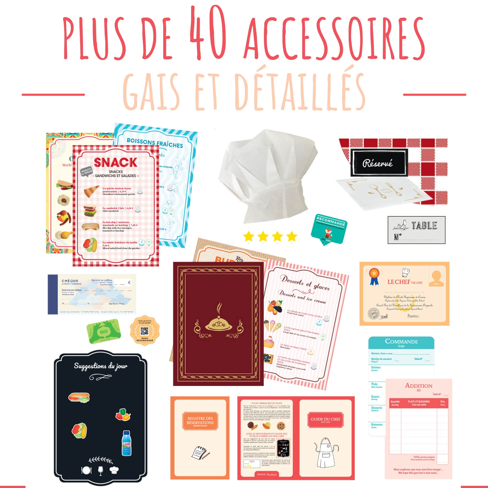 Amulette - Coffret Mon Premier Restaurant - Jeu Éducatif 5 à 10 ans - 40+ Accessoires pour Jouer à Créer son Restaurant - Jouet Cadeau Enfant Fille Garçon Métier Cuisine - Fabriqué en France - CHEF