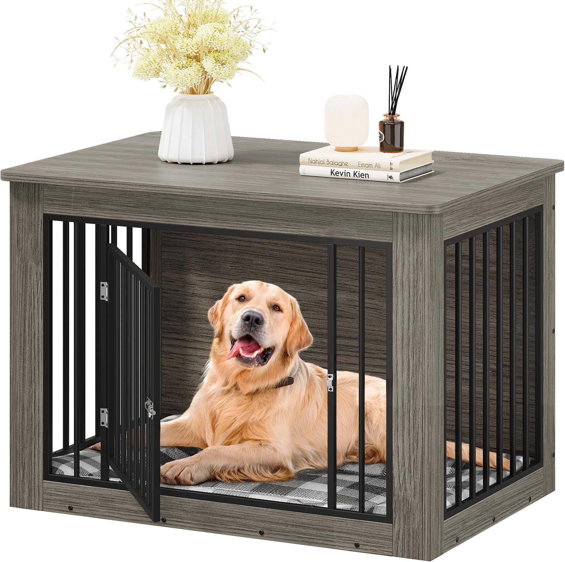 YITAHOME Dog Crate Furniture for Large Dogs, Side End Table, Modern Dogs Kennel Indoor up to 80 lb, 2-in-1 Iron-Wood Fusion Dog Cage with Waterproof Top, Safety Corners, Steel Lock,43" L,Greige