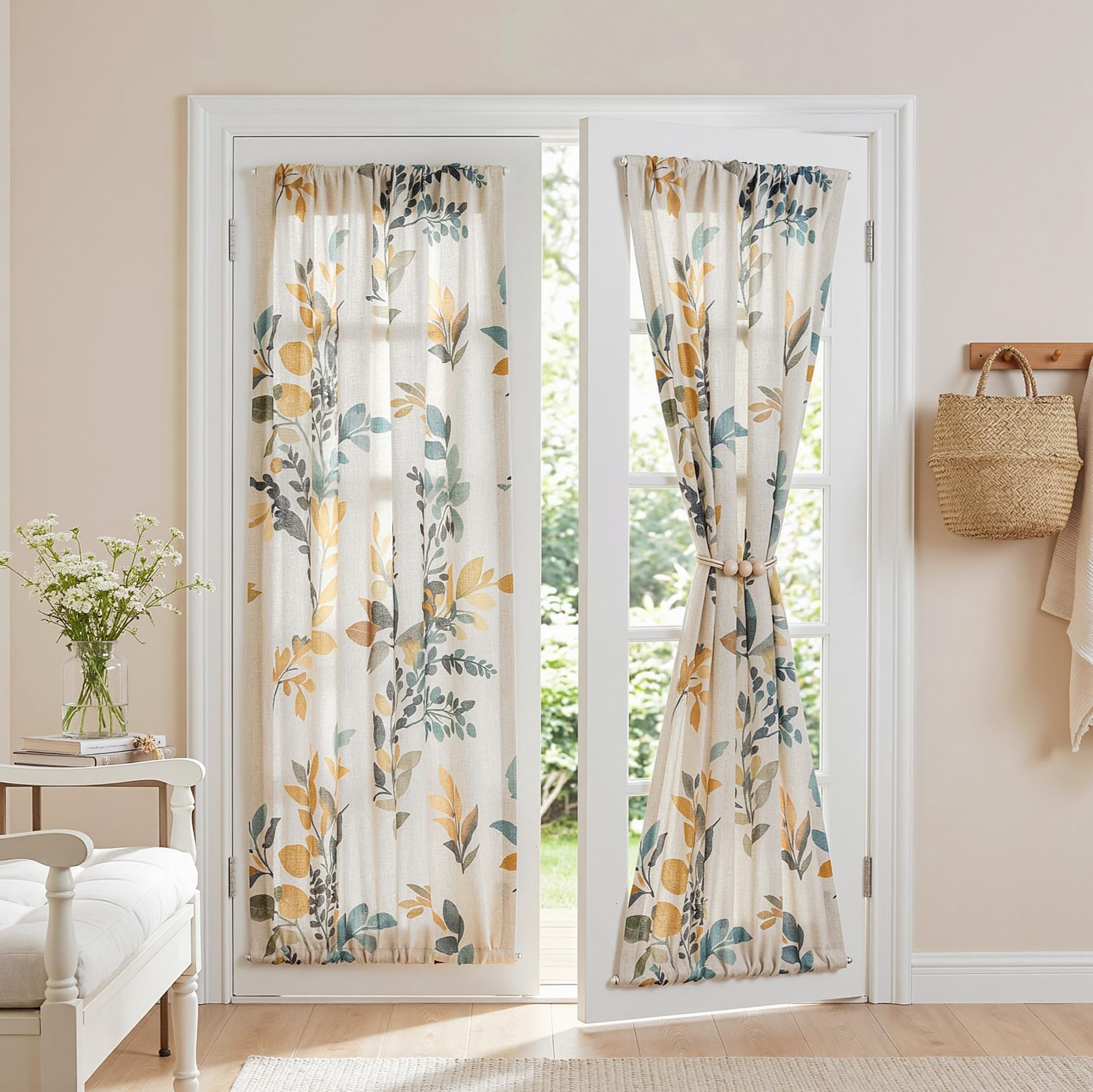MYSKY HOME Floral Linen French Door Curtains 72 inch Long 2 Panels for Front Door Light Filtering Privacy Semi Sheer Window Curtains with Rod Pocket, Yellow and Blue, 24" W Each Panel
