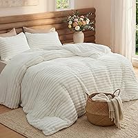 Bedsure Queen Fleece Comforter Set - Ultra Soft Double-Sided Fluffy Striped 3-Piece Bedding, Cozy White 90x90 with Pillowcases
