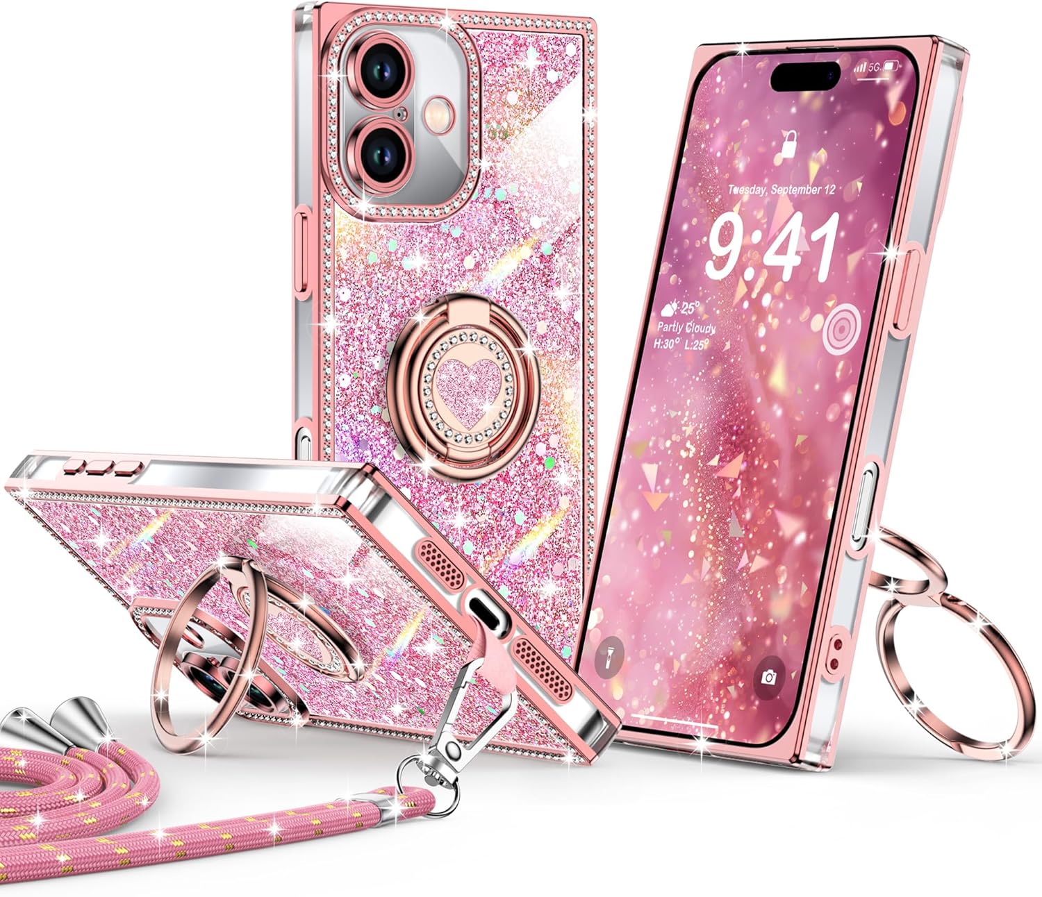 XYZ for iPhone 16 Case, Glitter Bling Phone Cover with 2-Ring Heart Stand & Lanyard, Women Girls Luxury Rhinestone Shockproof Protective Case for iPhone 16, Pink