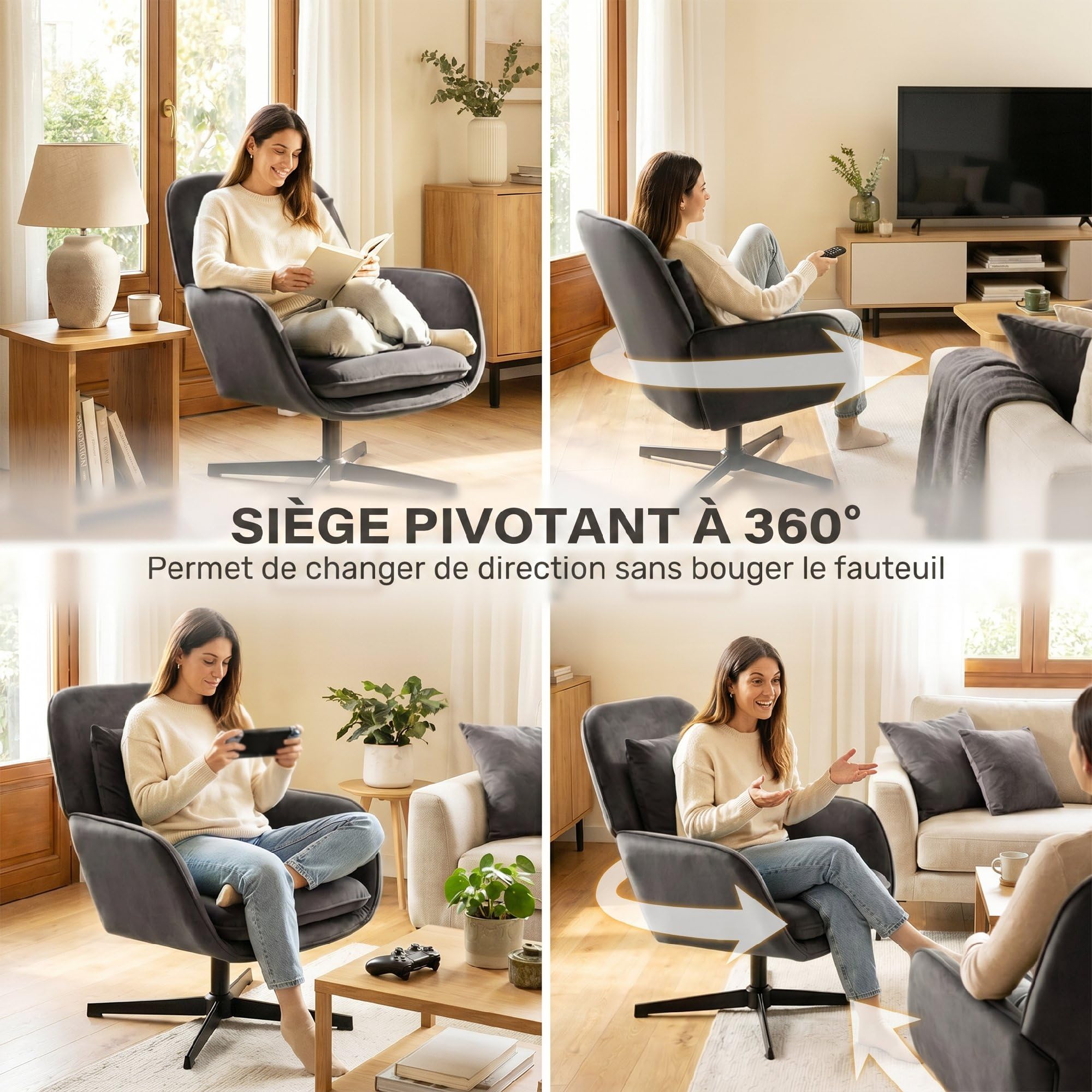 HOMCOM Sillón Giratorio de Terciopelo Asiento Ancho Gris Oscuro | Silla de acento, cojín, marco de metal, para sala de estar, dormitorio, rincón de lectura