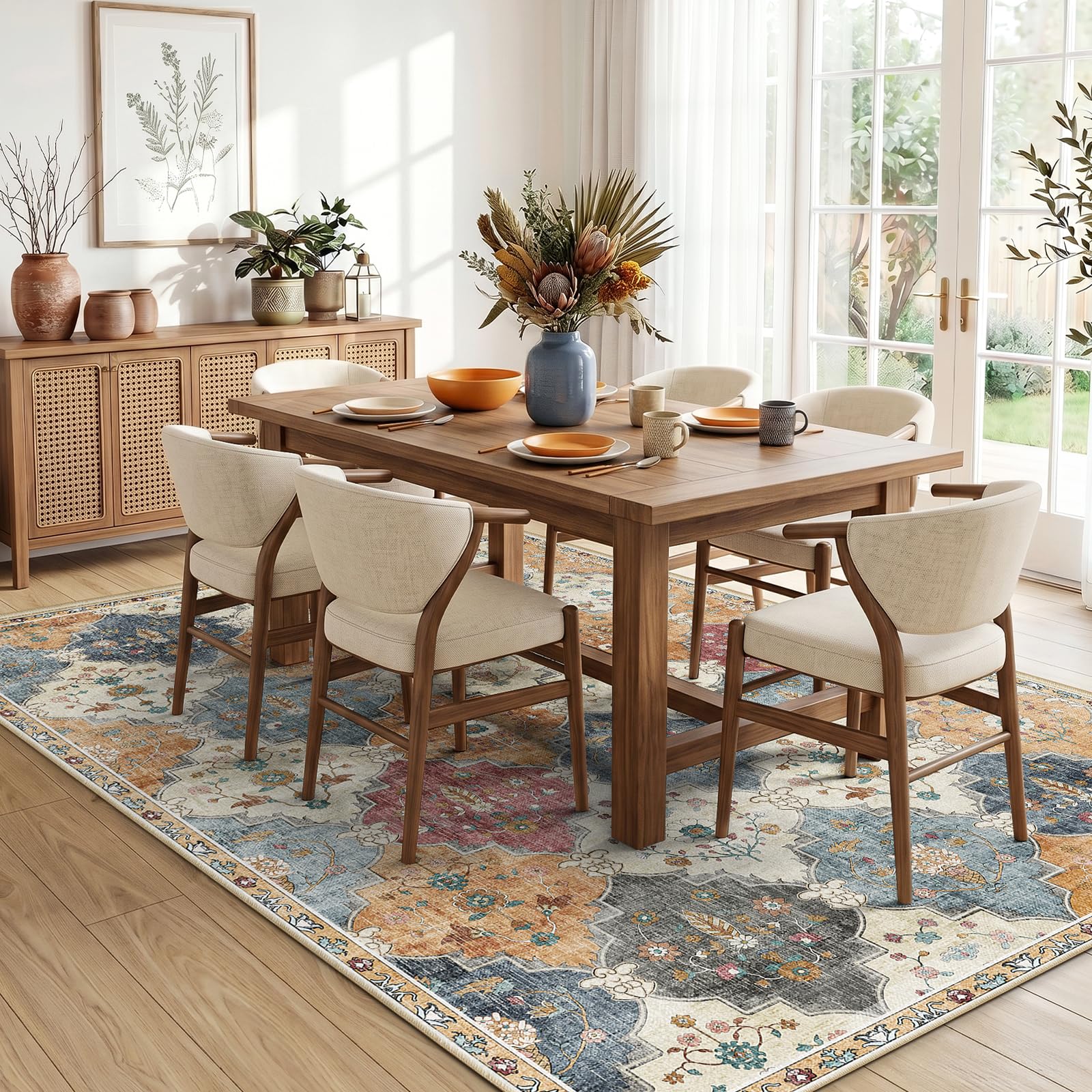INOVADAY Teppich Wohnzimmer 200x300 cm Boho Waschbarer Teppich Orange/Rot | Moroccan, Kurzflor, Rutschfest, Teppich Schlafzimmer, Esszimmer, OEKO, Weiche, Staubsaugergeeigneter, Haustierfreundlich