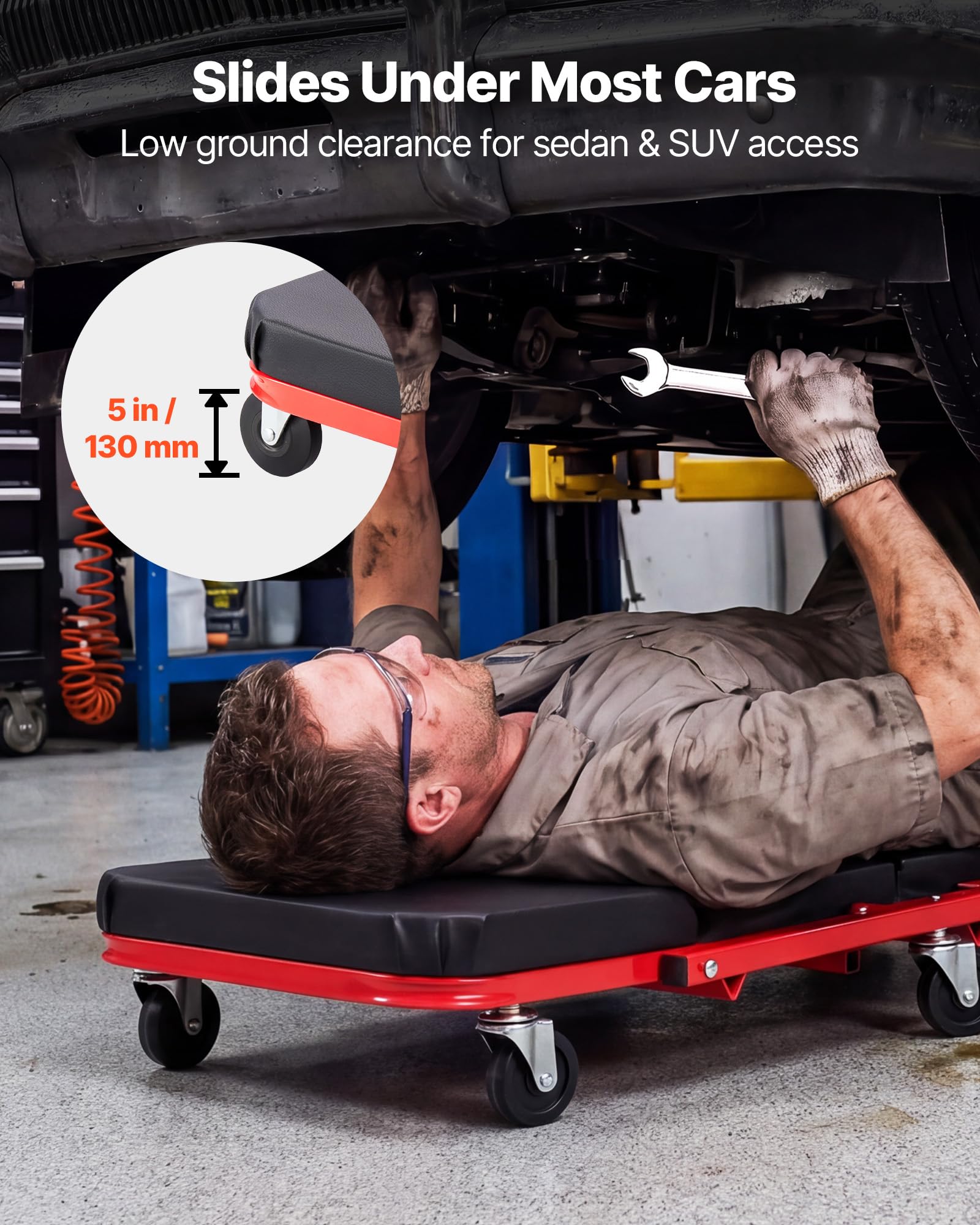 VEVOR Lettino Pieghevole sotto Auto Carico 204 kg con 6 Ruote Piroettanti, Sdraio da Meccanico Pieghevole 1010 mm Poggiatesta sotto Veicoli Riparazioni Auto da Officina Garage, Acciaio al Carbonio