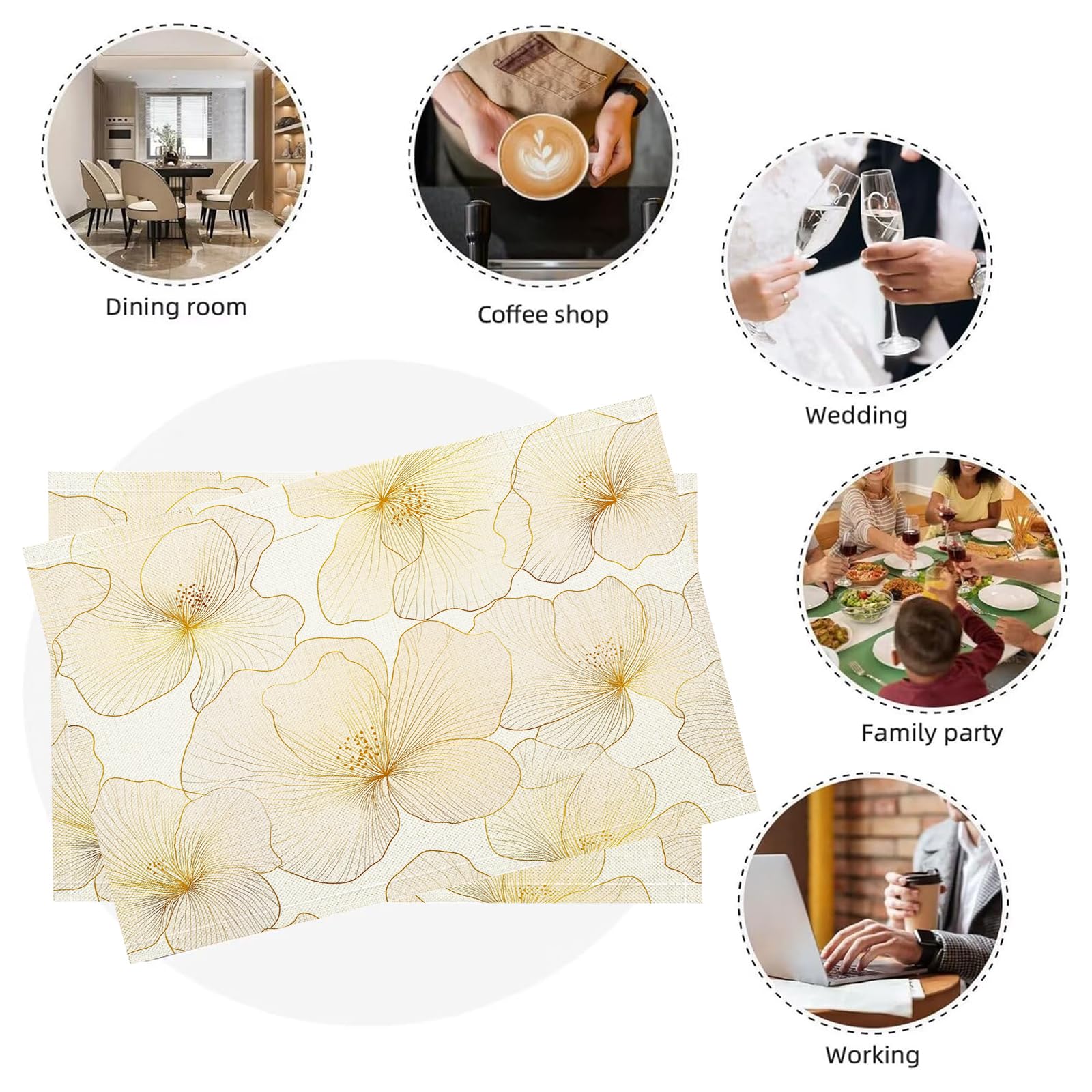 Set di 8 Tovagliette Americane Lavabili Cotone Lino Semplice - Tovaglietta Americana Resistenti al Calore Durevole Arte del filo di fiori in foglia d'oro - per Colazione Pranzo 30×45 cm