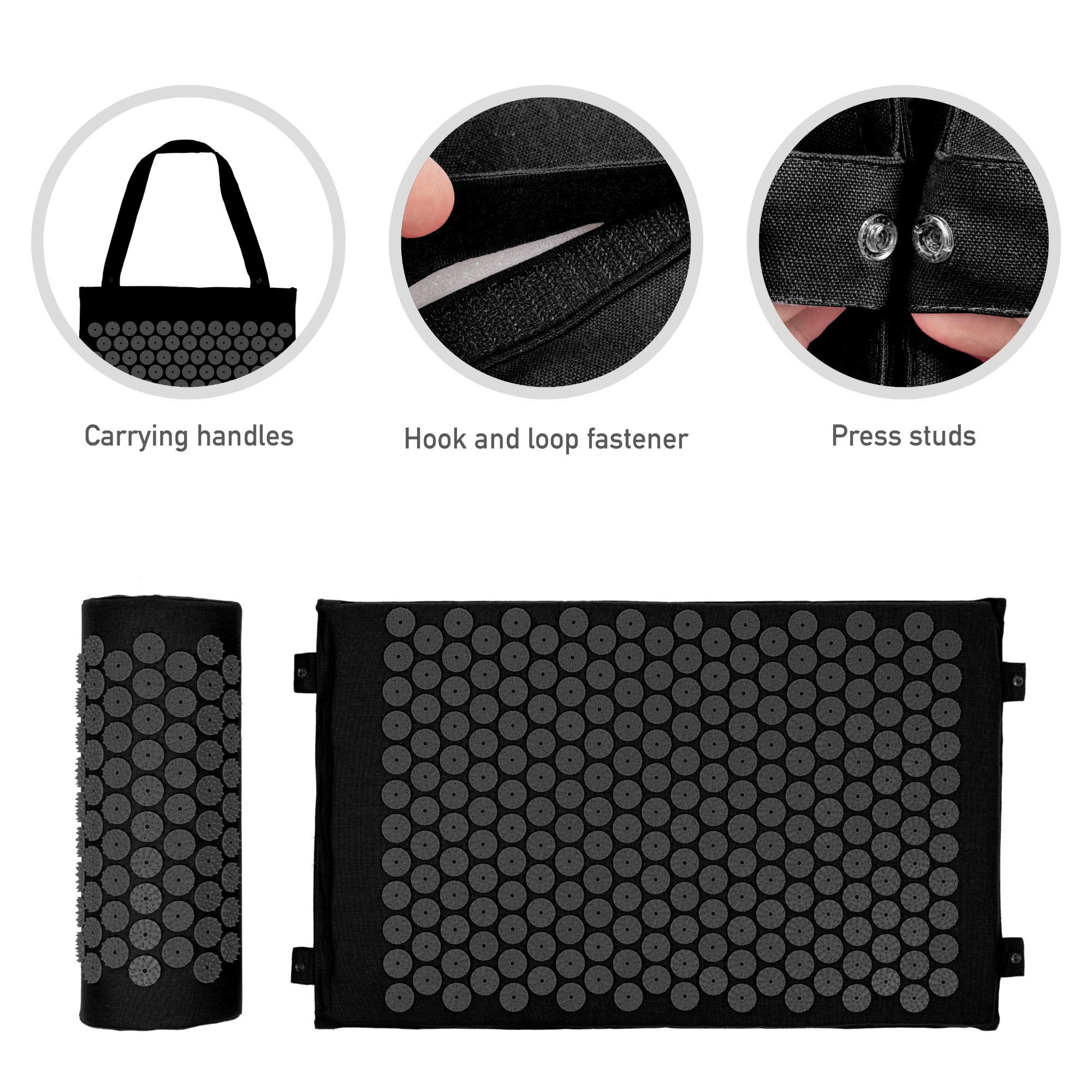 Set de Tapis et Coussin d’Acupuncture | Ensemble D’Acupression | Tapis de Massage à Domicile avec Poignées de Transport | Noir