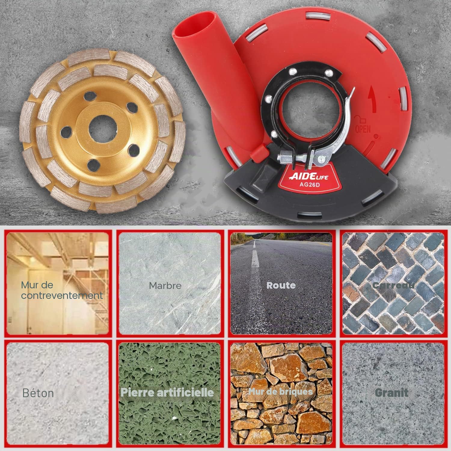 Aidelife Capot de Protection Meuleuse Angulaire 115/125mm avec Bague d'Adaptation et Connecteur d'Aspirateur + Disque Diamant Béton 125mm