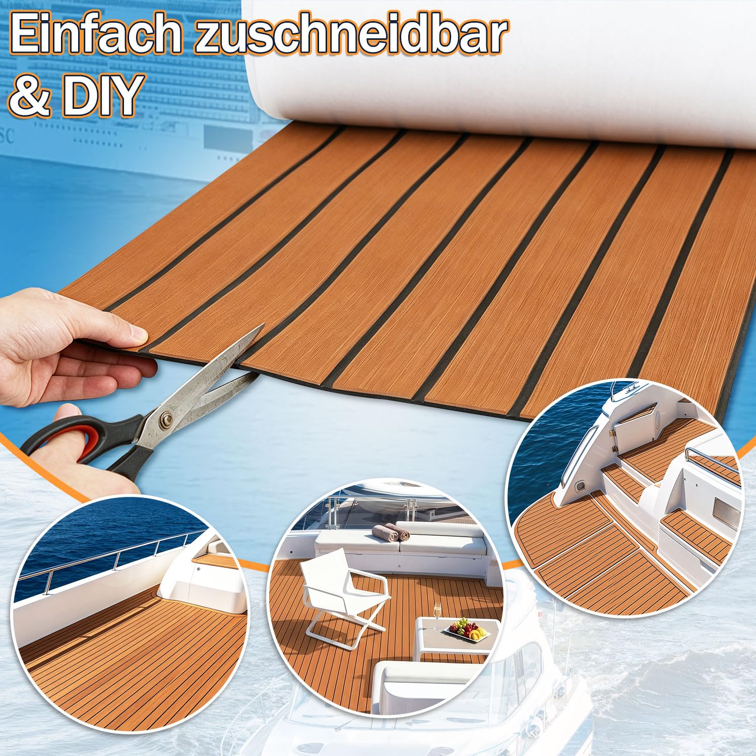 𝐎𝐥𝐥𝐞𝐰𝐢𝐞𝐥𝐥𝐚𝐧 EVA Schaum Bootsbodenbelag 240 x 90 cm Braun, selbstklebende Bodenmatte in Teak Optik, rutschhemmender Marineteppich zum Zuschneiden für Yacht, Wohnmobil und Pooldeck