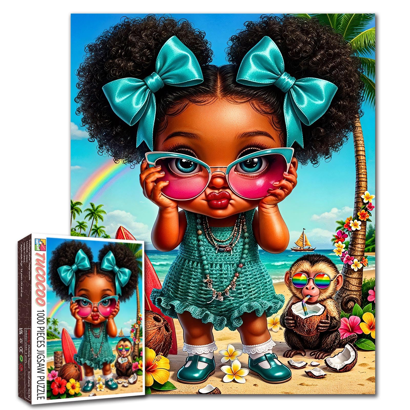 Cute Beach Black Girl Jigsaw Puzzle 1000 Piece Fashion Big Eye African Girl Puzzles for Adults and Teens, Colorful Summer Artwork Tropical Island Monkey Puzzle for Family Game Nights Home Decor Gift