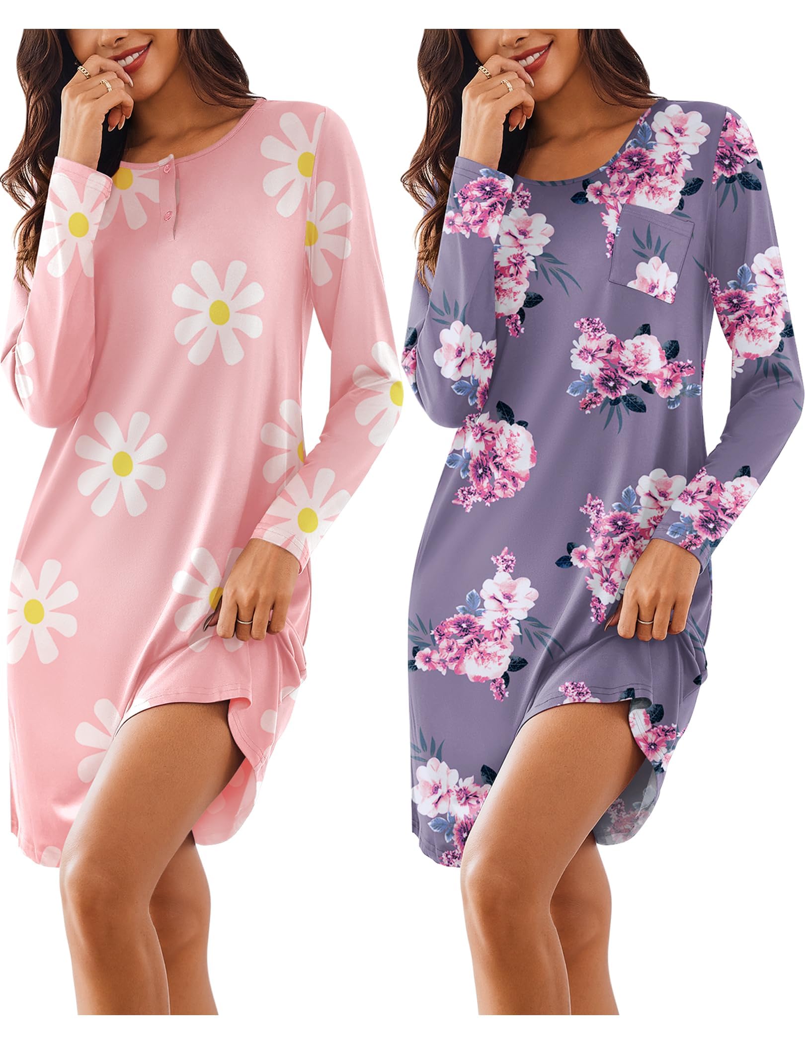 Ekouaer Women's 2 Pack Sleepshirt Dress Comfortable Nightshirt Nightgown Long Sleeve Button Down Sleepwear