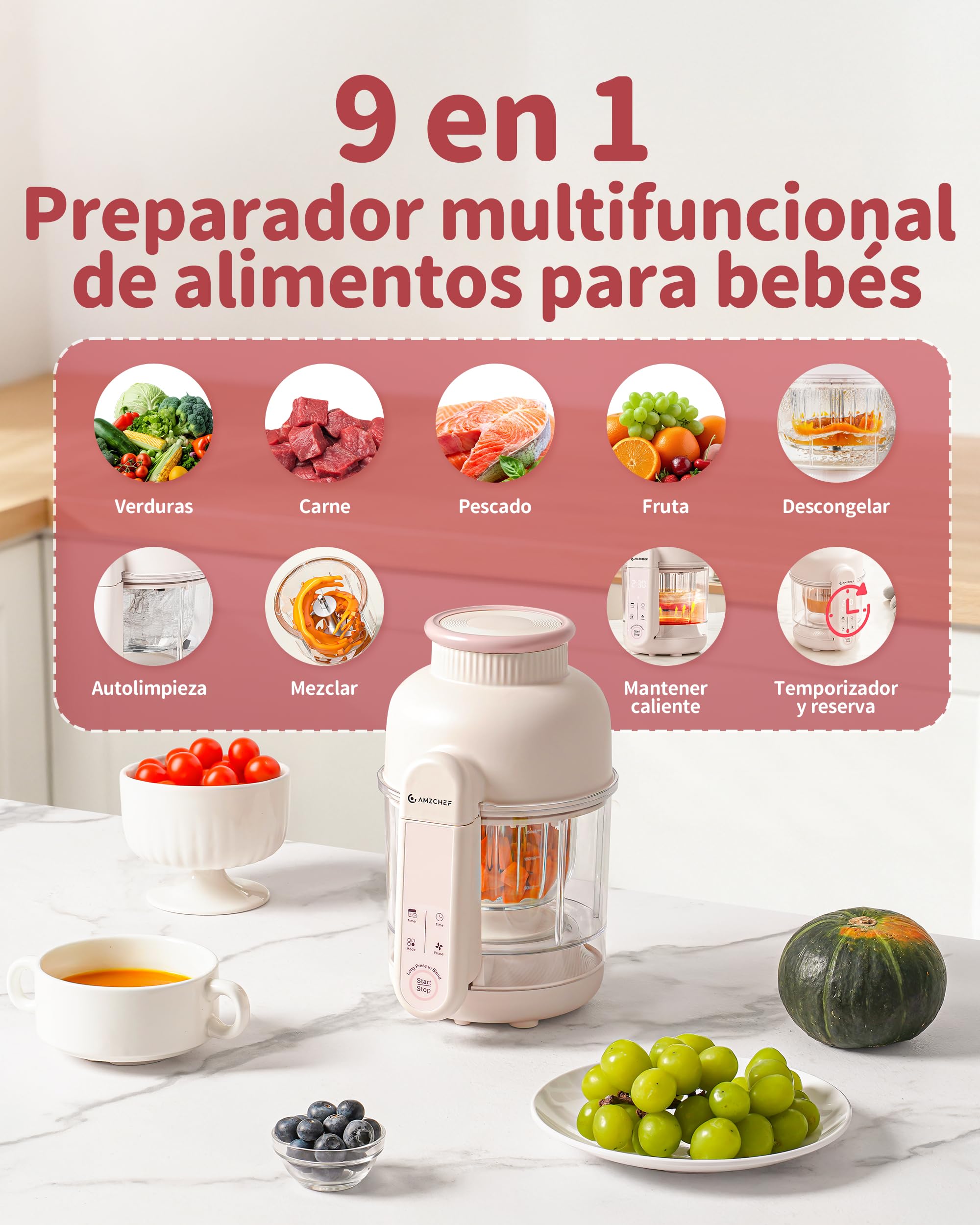 AMZCHEF Robot de cocina para bebé 6-en-1 Vaporera & Licuadora – Programas por Etapas de Edad 1–5, Libre de BPA – Cocinar al Vapor, Triturar, Puré, Descongelar, Auto-Limpieza – Control Táctil