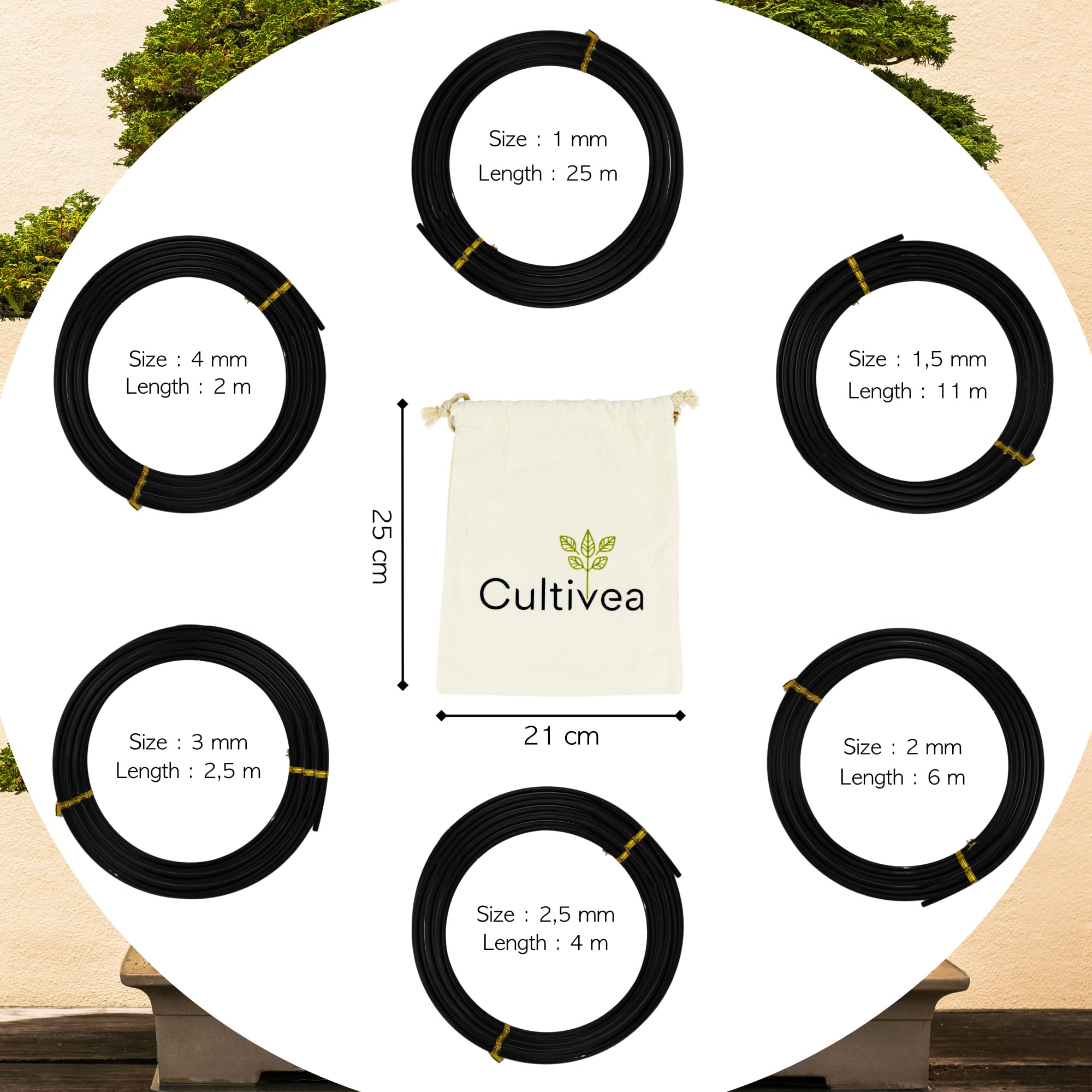 CULTIVEA® Filo per bonsai, set di 6 rotoli di filo di alluminio - 1,0mm/1,5mm/2,0mm/2,5mm/3,0mm/4,0mm - Legatura anticorrosione per bonsai, attrezzi per giardinaggio indoor - bonsai, piante, alberi