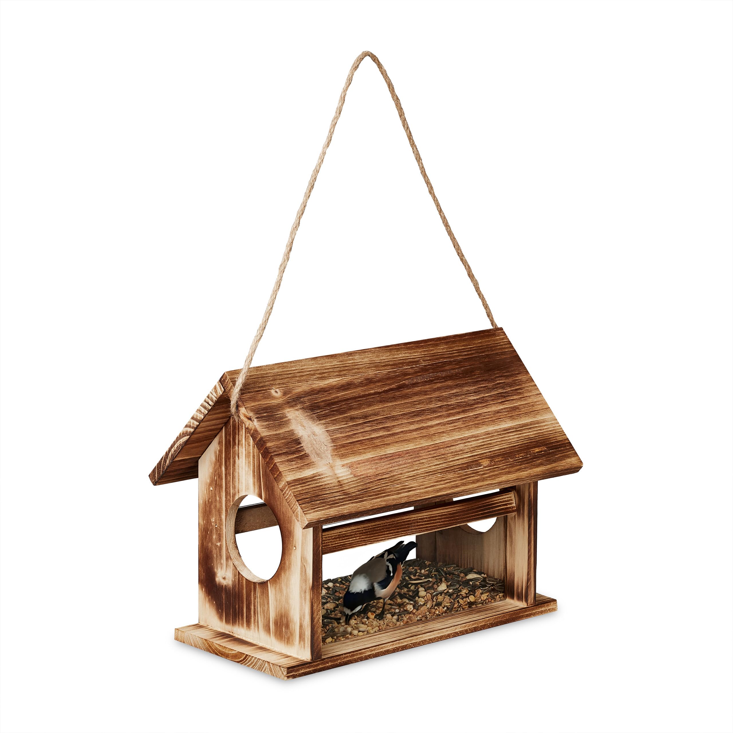 Relaxdays Bird Feeder, Flamed Fir Wood, to Hang or Place Outside, Wildlife Feeding Station, HWD: 24 x 30 x 21 cm, Brown