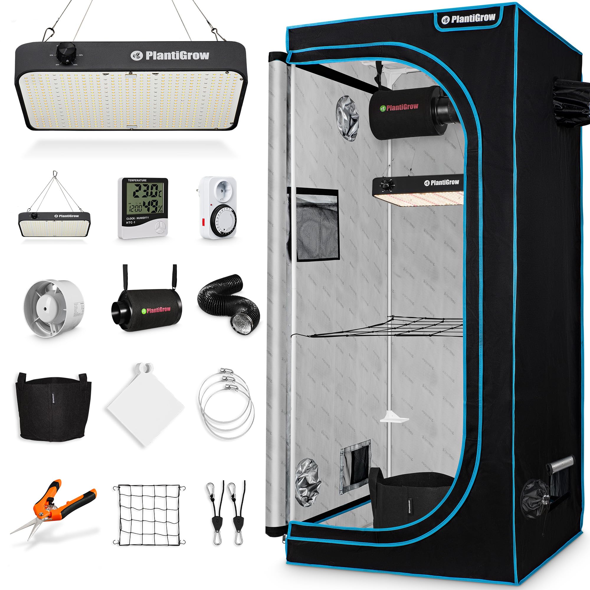 Growzelt Komplettset 80x80x180cm mit 150W Vollspektrum LED Lampe Dimmbar, Carbon-Filter, Inline-Kanalventilator, Abluftschlauch
