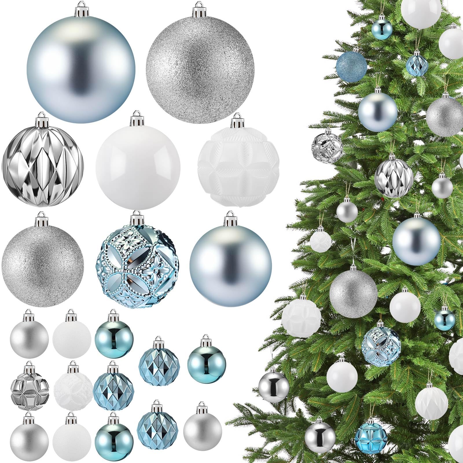 Soulchen Weihnachtskugeln-Set, mehrfarbig, bruchsicherer Kunststoff, hängende Kugeln in 4 Größen für Weihnachtsbaum-Dekoration (Blau, Silber, Weiß), 32-teilig