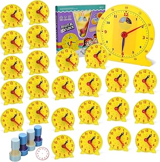 Lenwen 30 Pcs Classroom Clock Kit Includes 1 Pcs Big Student Clock 25 Pcs Mini Geared Clock 24 Hours Learn to Tell Time Clock 4 Pcs Clock Stamp for Kids Learning Teacher Classroom Supplies