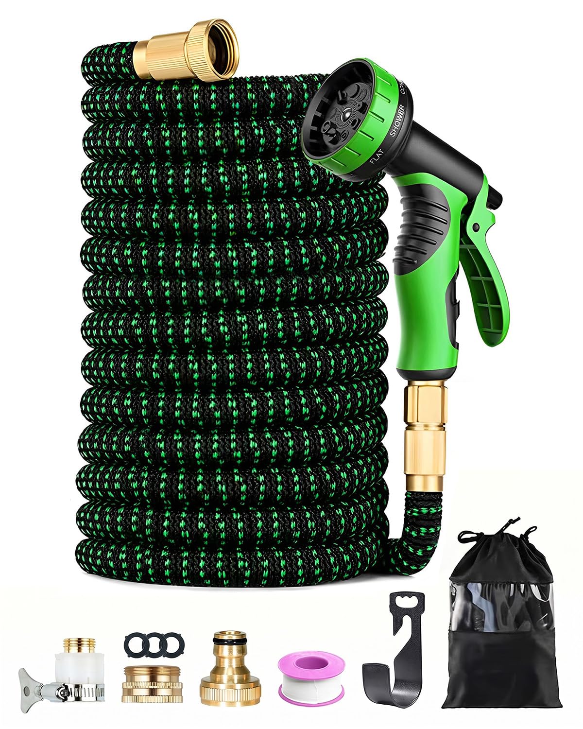 150FT Expandable Garden Hose, 45M Expandable Water Hose for Gardening with 10-Pattern Spray Nozzle, Leak-Proof & Kink-Free, 4-Layer Latex Core, 1/2" 3/4" Universal Fittings, Black & Green