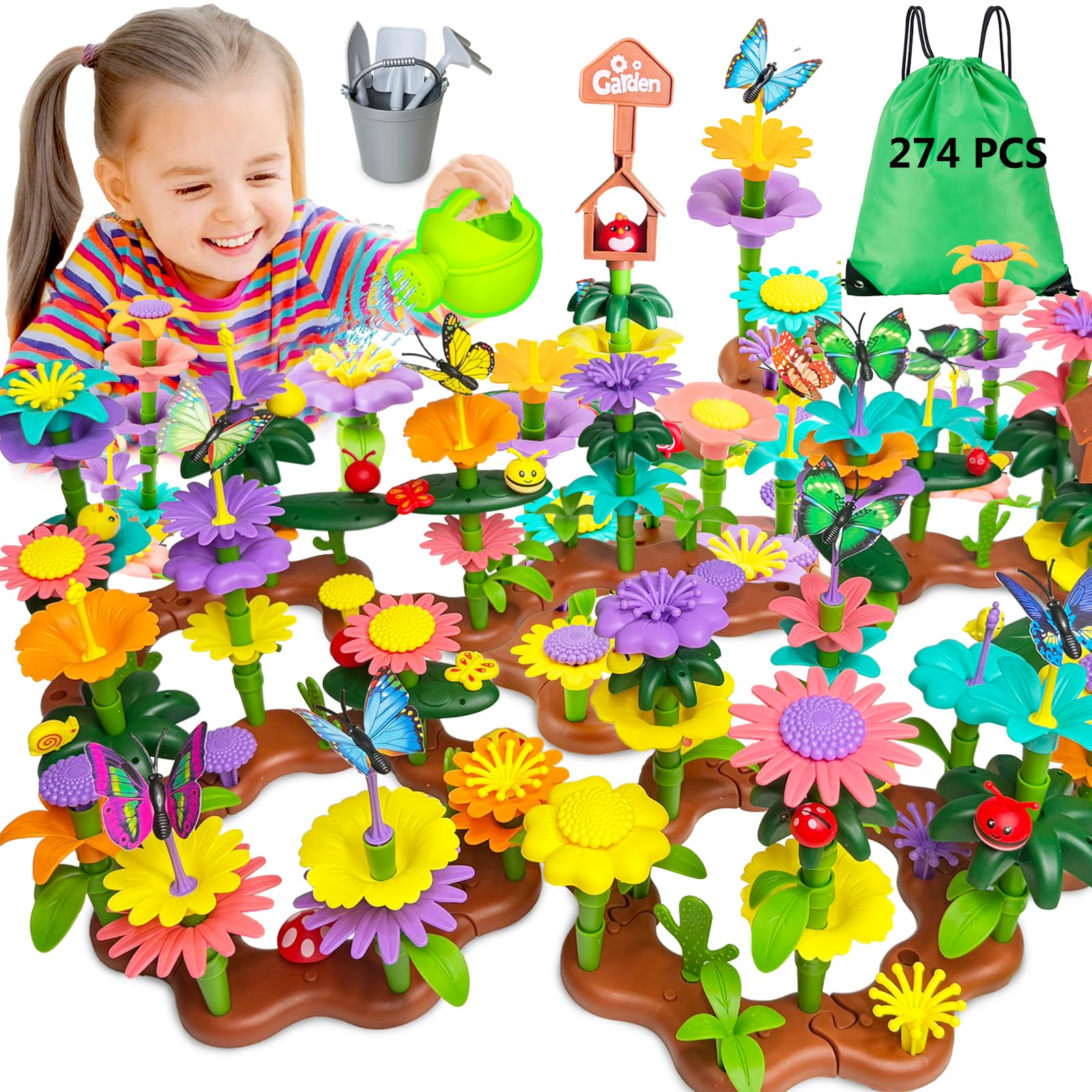 Kulveanju Juego Construcción Flore para Niña 3 Años, 274 PCS Juguetes de Construcción para Jardín de Flores, DIY Ramo de Arreglo Floral Juegos, Regalos Cumpleaños Educativos para Niñas de 3 4 5 6 Años