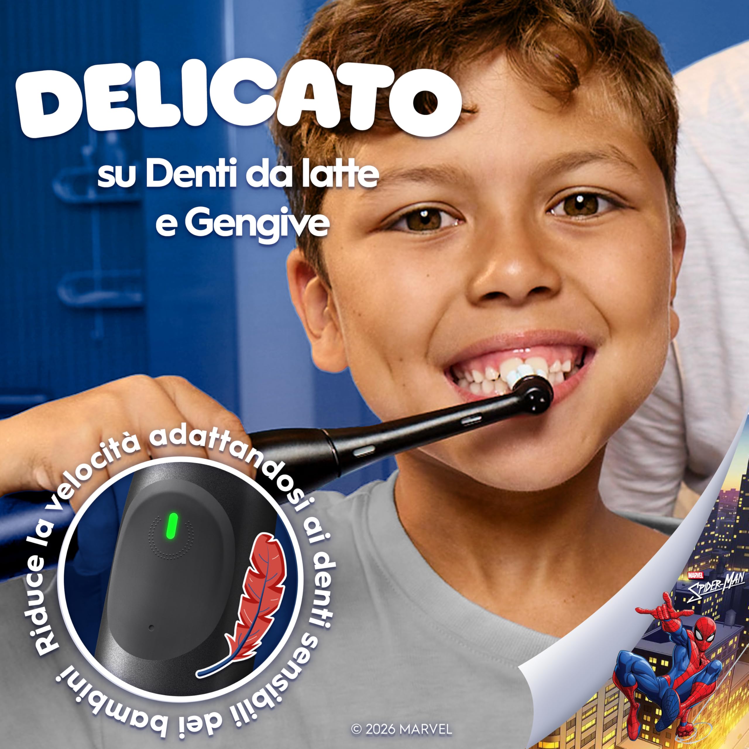 Oral-B Spazzolino Elettrico Ricaricabile iO Kids 6+, 1 Testina, Custodia, Nero - Marvel Spider-Man, 1 Testina di Ricambio per Spazzolino Elettrico, dai 6 Anni in su, Delicato sulle Gengive, Custodia