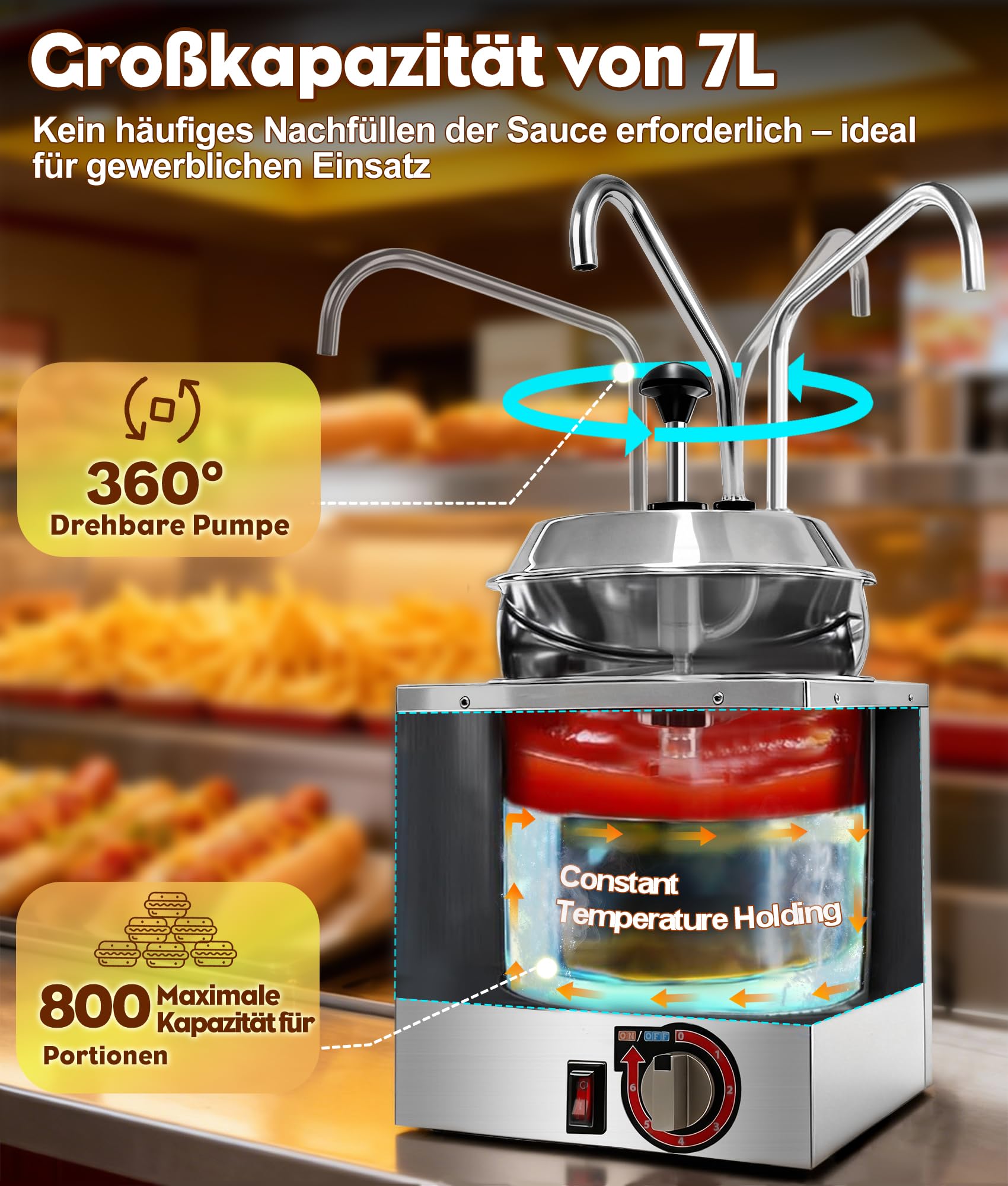 Distributore di salse in acciaio inossidabile da 7L con funzione di riscaldamento, pompa distributrice di salse elettrica in acciaio inossidabile con 6 livelli di temperatura & pompa rotante a 360°