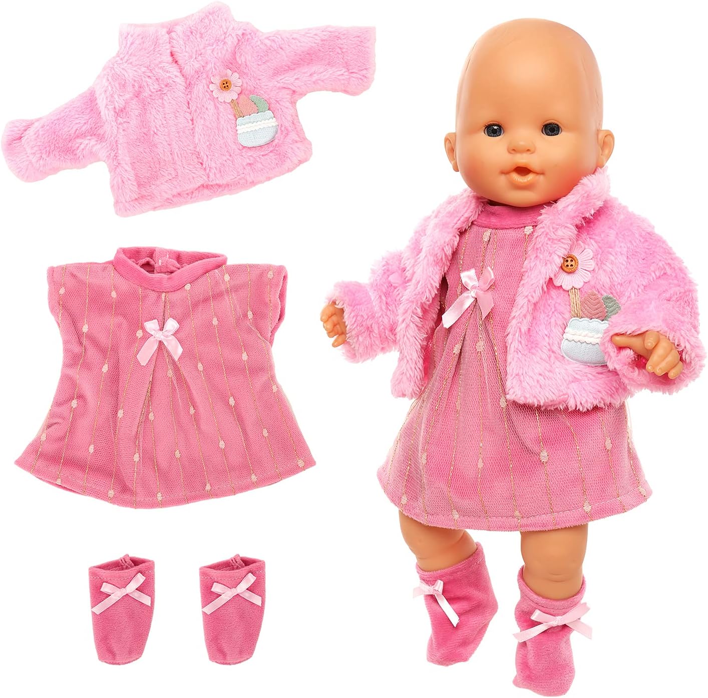 Sweet Doll Clothes New Dress Coat Socks for 14 Inch 16 Inch 17 Inch 35-43 cm Born Baby Doll, Baby Doll Clothes Outfits (Pink-Pluffy)