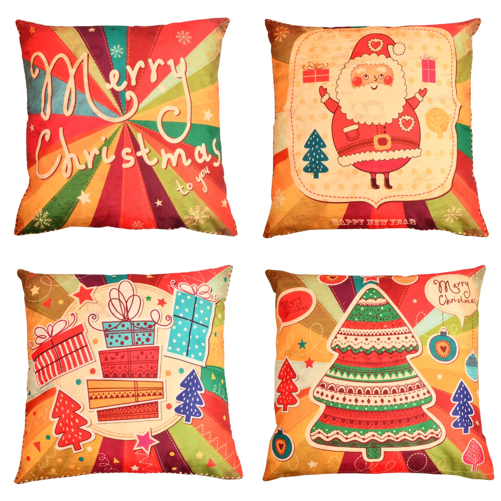 Photo 1 of  2 packs ** Cute Christmas Pillow Covers 20x20 Set of 4 Cartoon Christmas Throw Pillow Cover Colorful Cartoon Linen Tree Snowman Gift Pattern Decor for Home Living Room Sofa 20x20in Cartoon Style