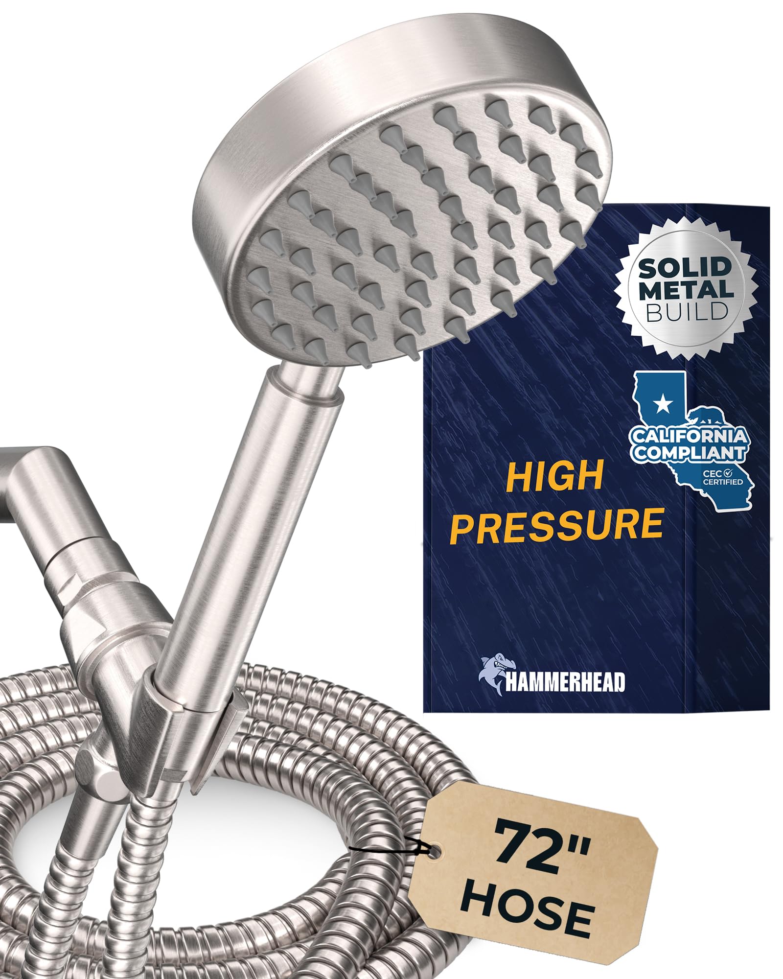 HammerHead Showers® ALL METAL LOW FLOW Handheld Shower Head with Hose and Brass Holder - BRUSHED NICKEL – Water Saving 1.75 GPM Detachable Shower Head - Adjustable Shower Wand Bracket & 6ft Hose