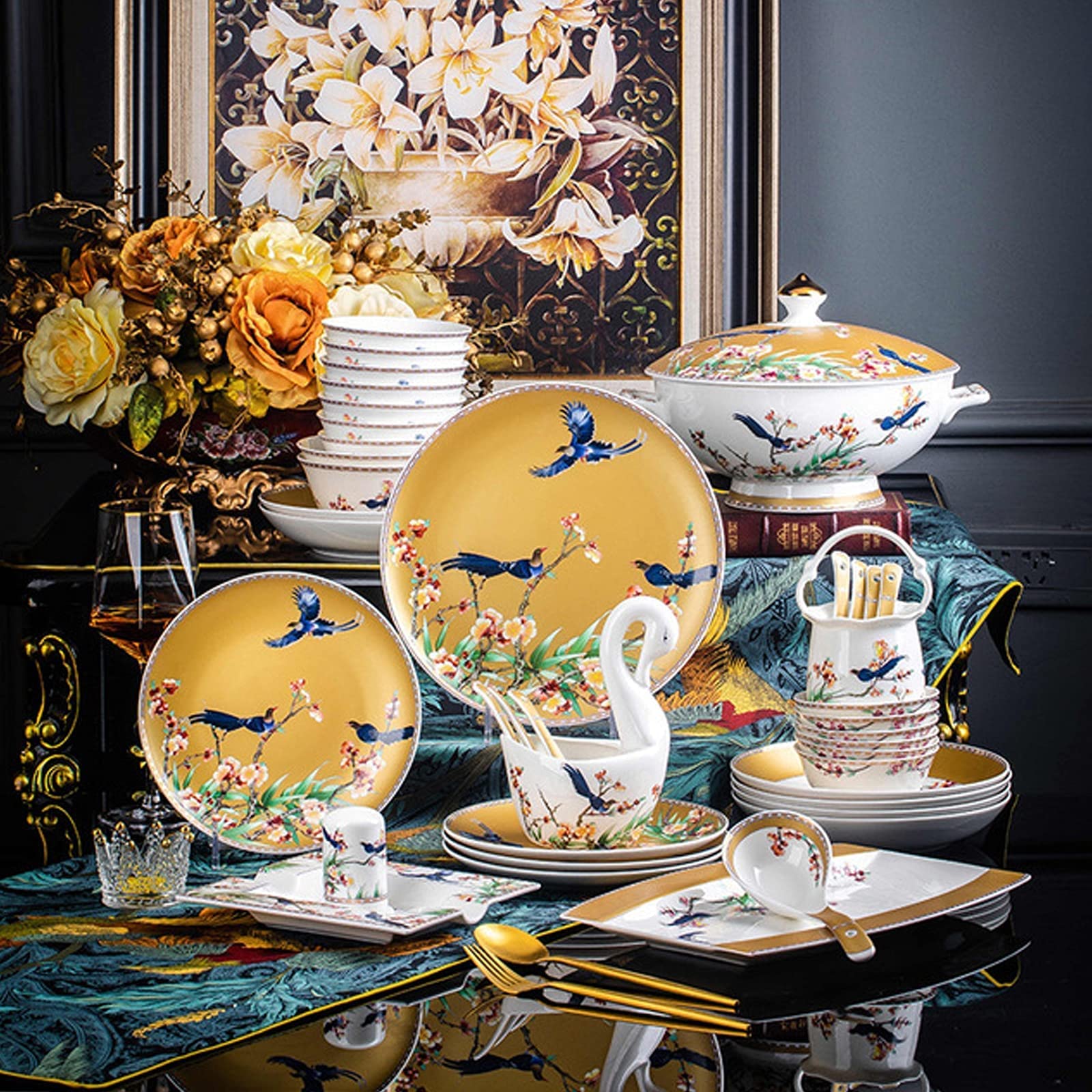 Zestaw Ceramicznych Naczyń Obiadowych W Stylu Retro, Piękny Zestaw Z Porcelany W Kolorze Złotym I Białym, Idealny Na Domowe Przyjęcie, Wesele, Hotel, Boże Narodzenie