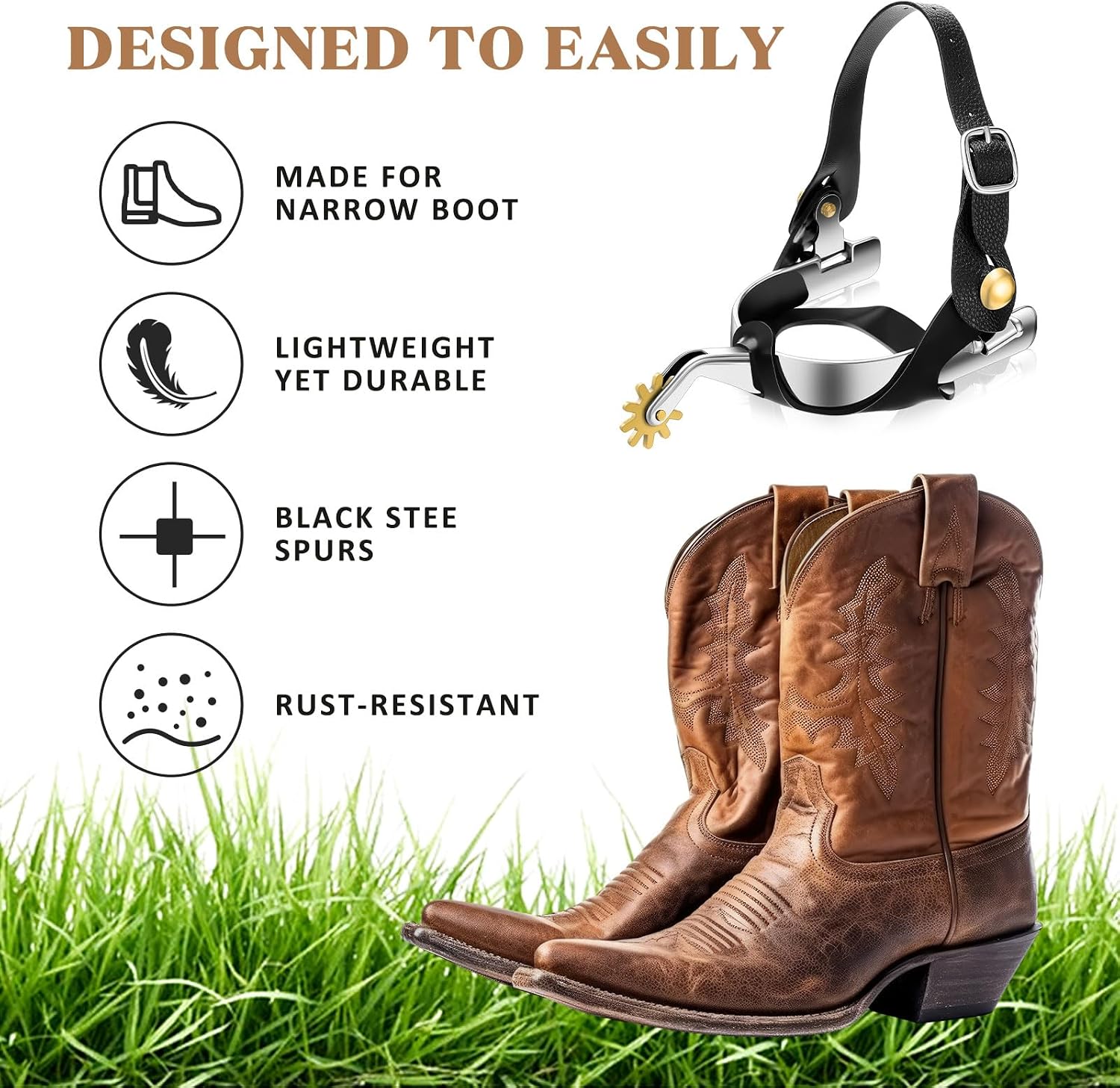 2 Pack Spurs for Cowboy Boots Men with 2 Pcs Leather Belt and Tie Down Straps, Stainless Steel Western English Horse Spurs with Rotatable Gear, Equestrian Riding Accessories