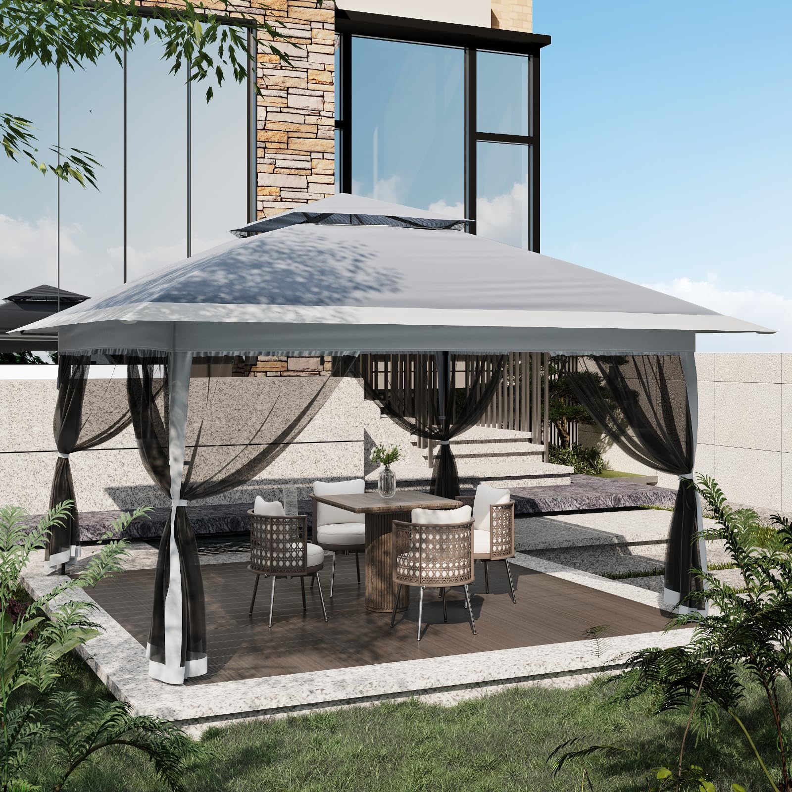 13x13FT Pop Up Gazebo, Waterproof Canopy Tent with Mosquito Netting & 4 Mesh Walls and Carry Bag, Double Roof Pop Up Party Tent Canopy, Adjustable Height, for Garden Party
