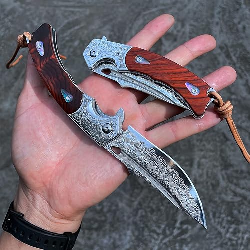 Miniatura 5 de Cuchillo hecho a mano japonés VG10 Damasco acero plegable cuchillo, mango de bloqueo de revestimiento de palisandro, cuchillos de bolsillo EDC para