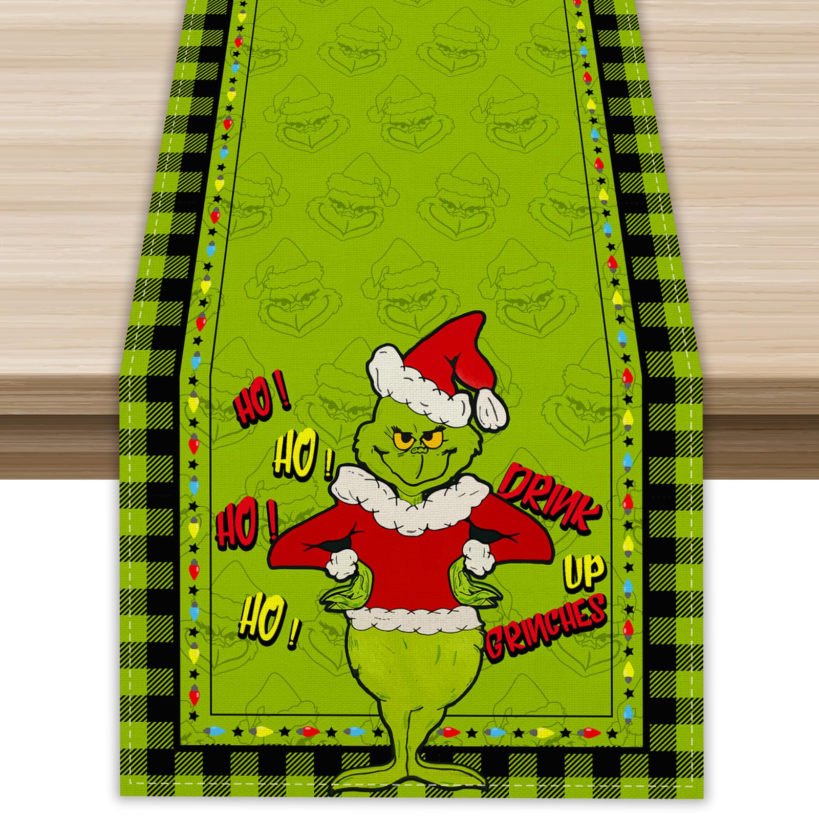 FARMNALL Linen Green Grinch Christmas Table Runner Merry Grinchmas Tablecloth Whoville Xmas Winter Holiday Home Kitchen Decorations 13x72 Inch